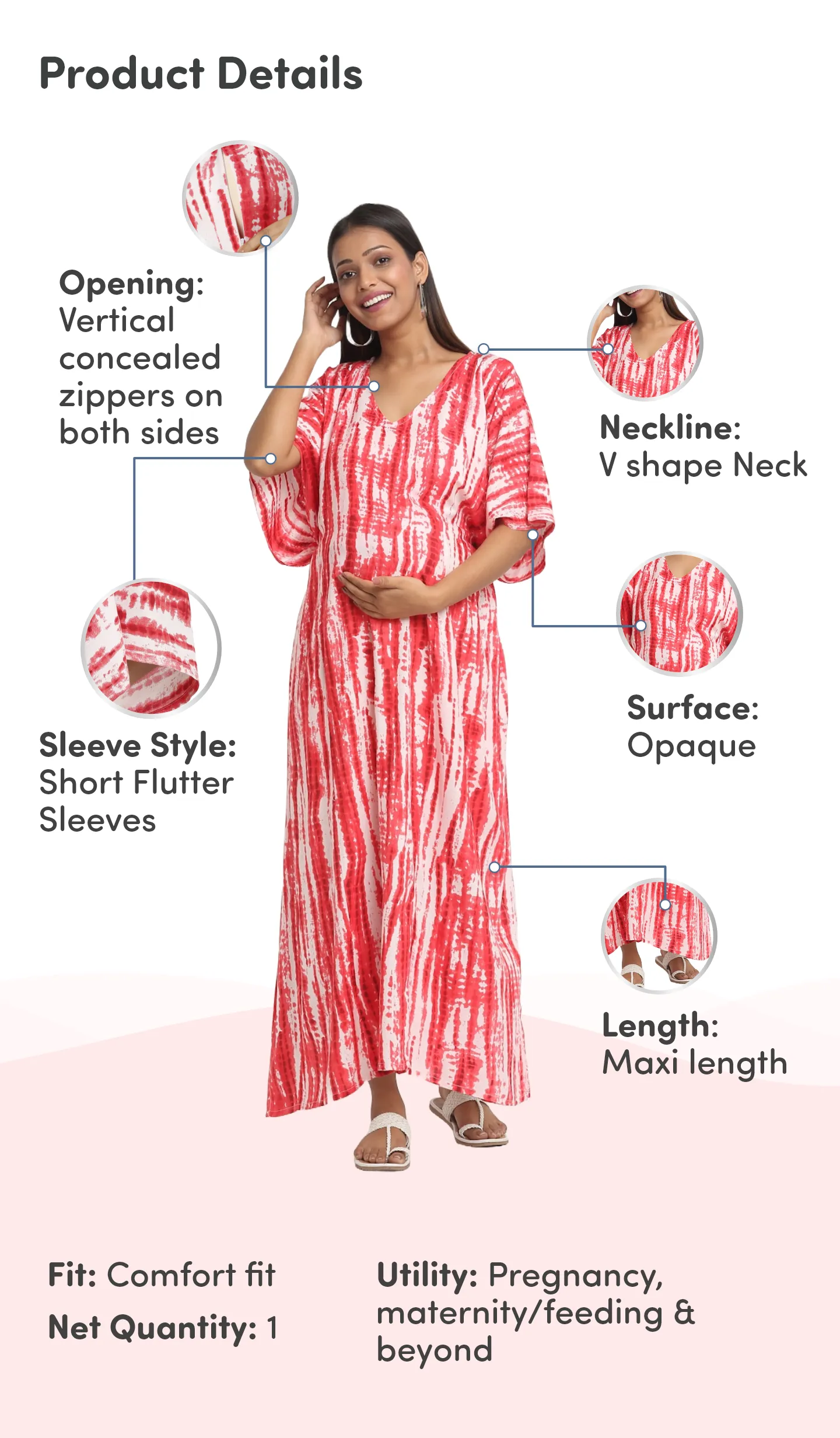 Pre & Post Maternity /Nursing Kaftan Maxi Dress cum Nighty with Zipper for Easy Feeding – Shibori Print -Fuchsia–XL