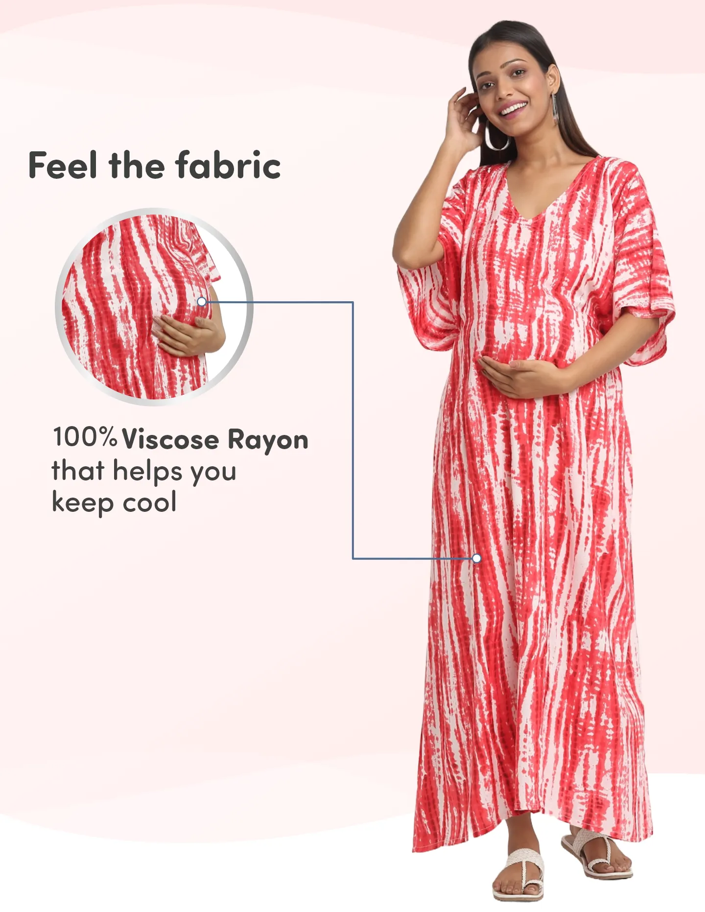 Pre & Post Maternity /Nursing Kaftan Maxi Dress cum Nighty with Zipper for Easy Feeding – Shibori Print -Fuchsia–XXL 