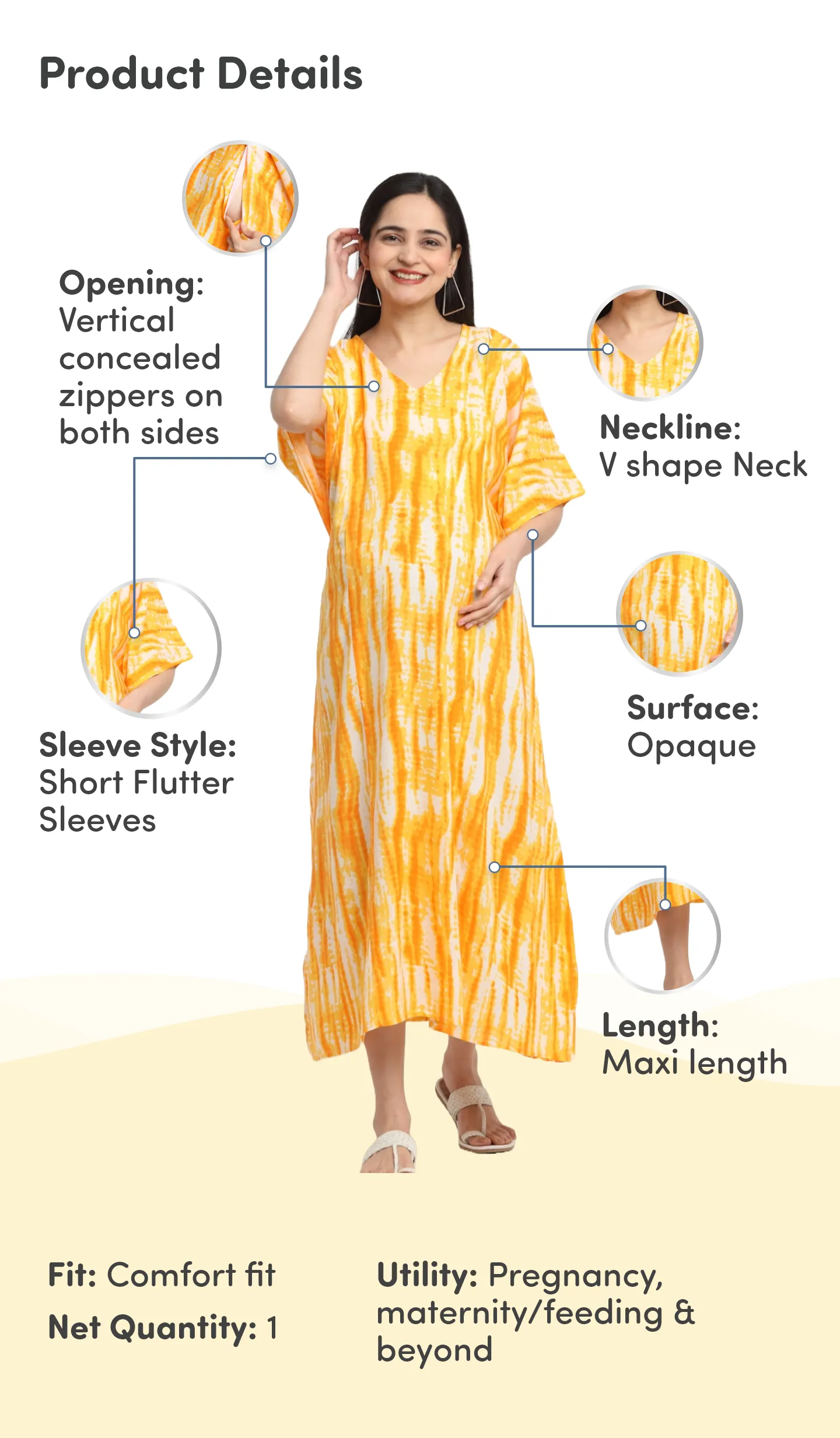 Pre & Post Maternity /Nursing Kaftan Maxi Dress cum Nighty with Zipper for Easy Feeding – Shibori Print -Orange- XL