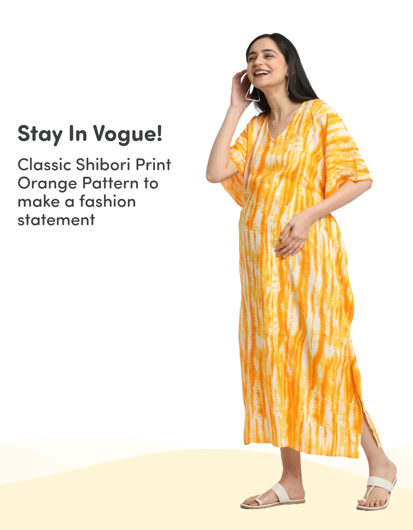 Pre & Post Maternity /Nursing Kaftan Maxi Dress cum Nighty with Zipper for Easy Feeding – Shibori Print -Orange- XXL
