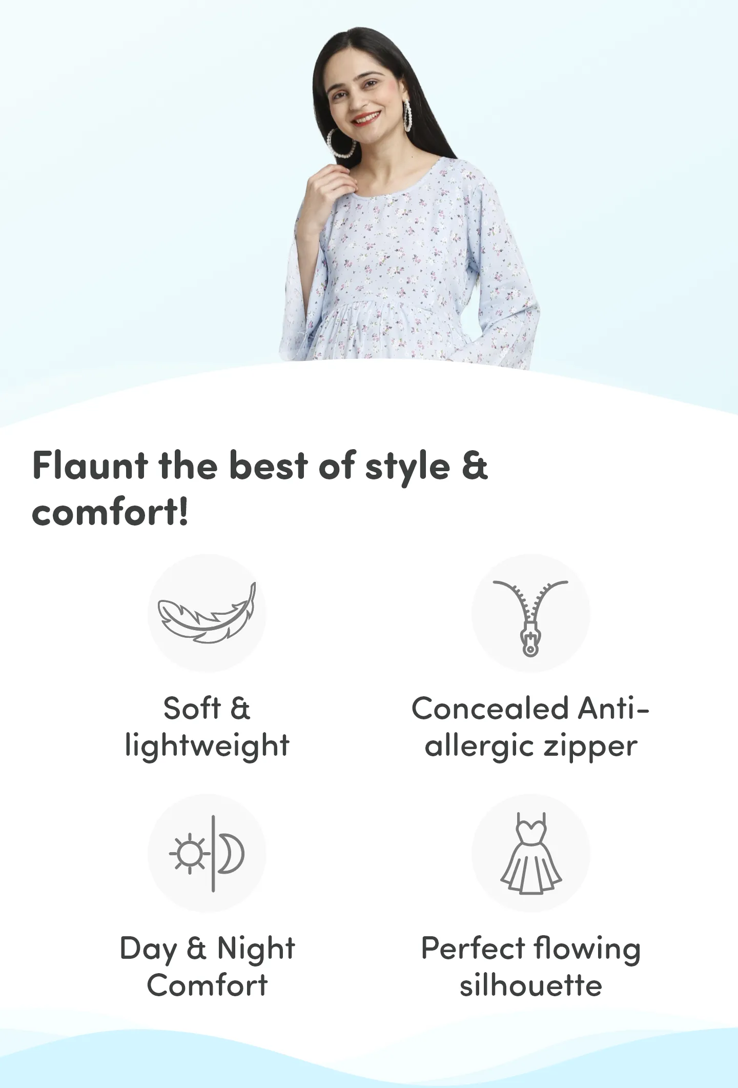 Pre & Post Maternity /Nursing Maxi Dress with both sides Zipper for Easy Feeding – Blue Ditsy Daisy –XXL