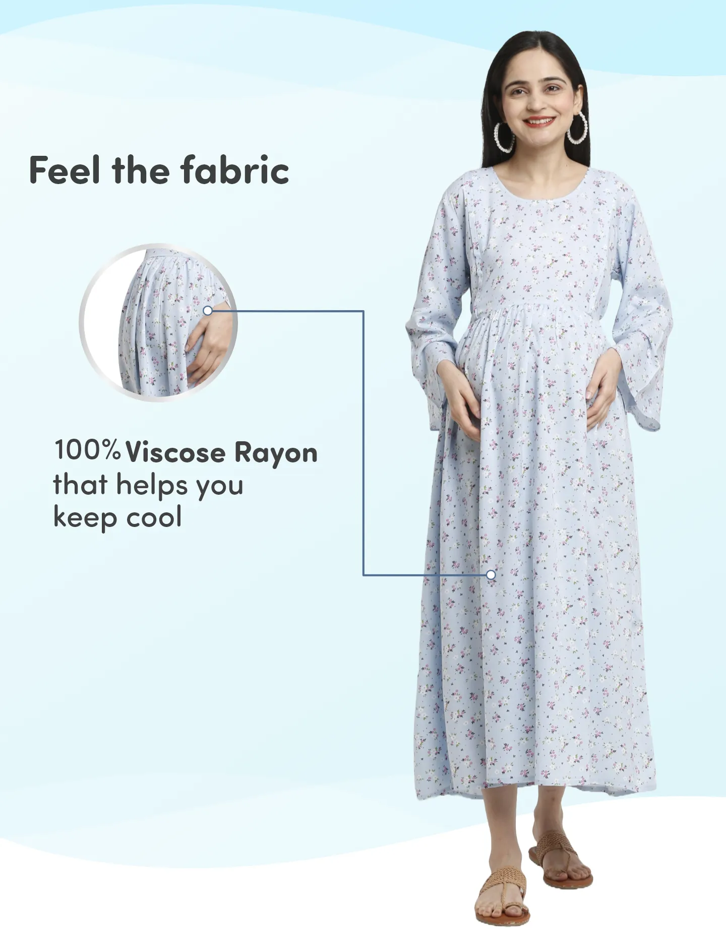 Pre & Post Maternity /Nursing Maxi Dress with both sides Zipper for Easy Feeding – Blue Ditsy Daisy –XXL