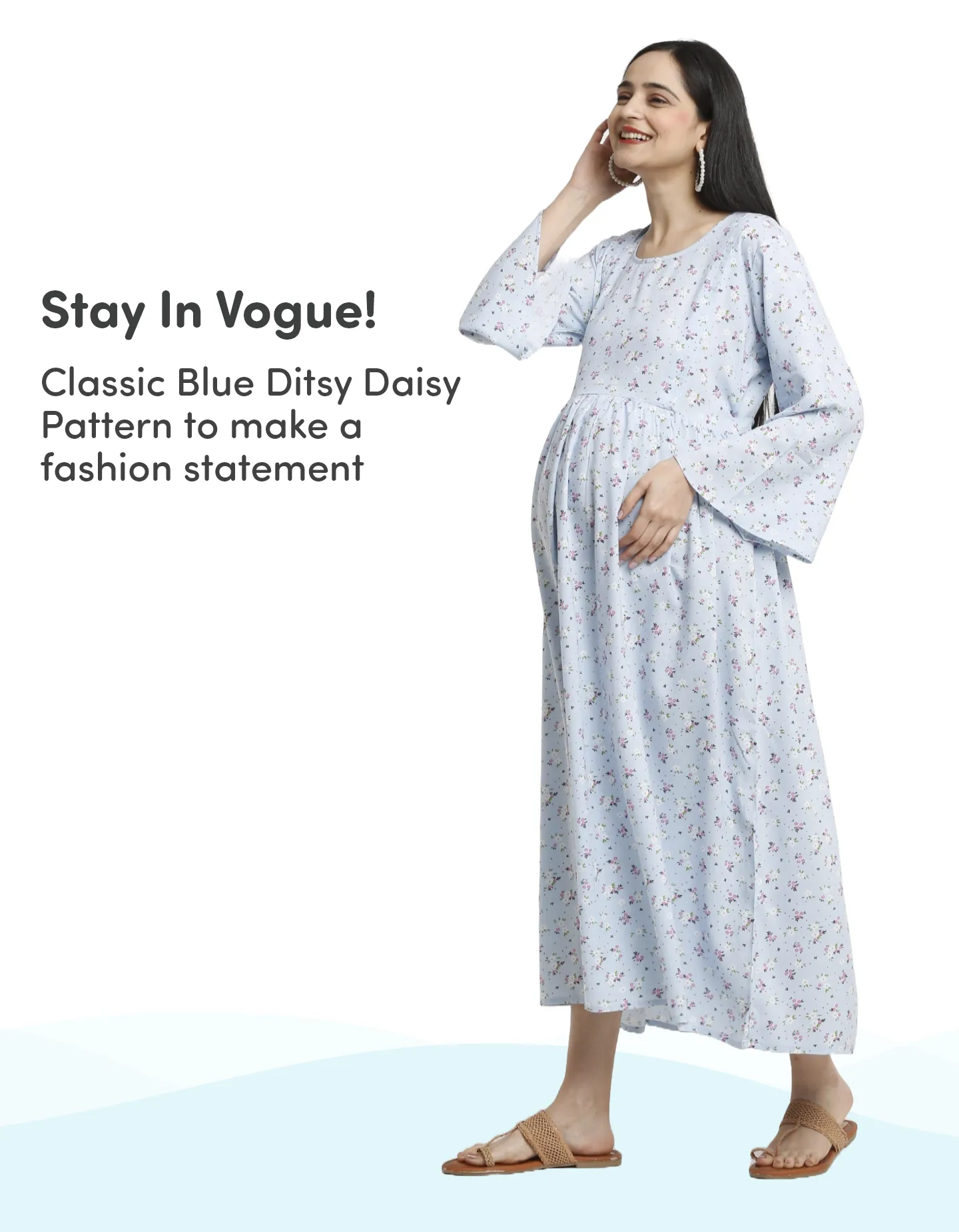 Pre & Post Maternity /Nursing Maxi Dress with both sides Zipper for Easy Feeding – Blue Ditsy Daisy –XXL