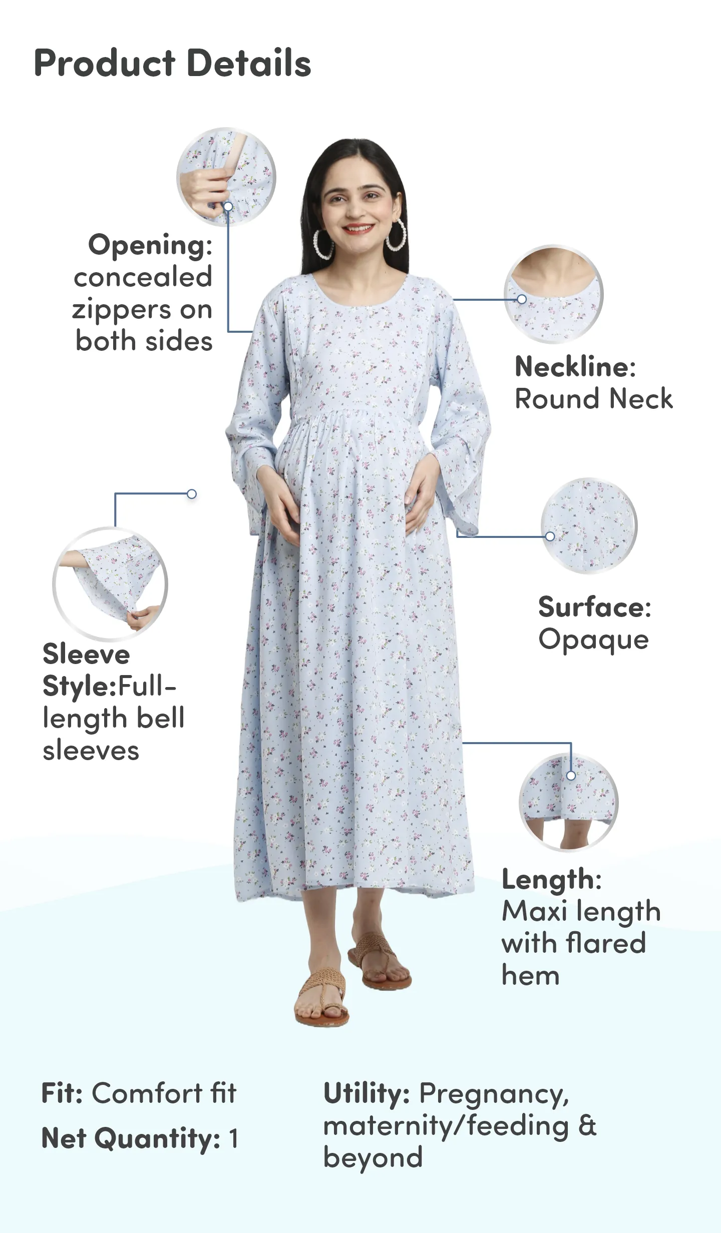 Pre & Post Maternity /Nursing Maxi Dress with both sides Zipper for Easy Feeding – Blue Ditsy Daisy –XXL