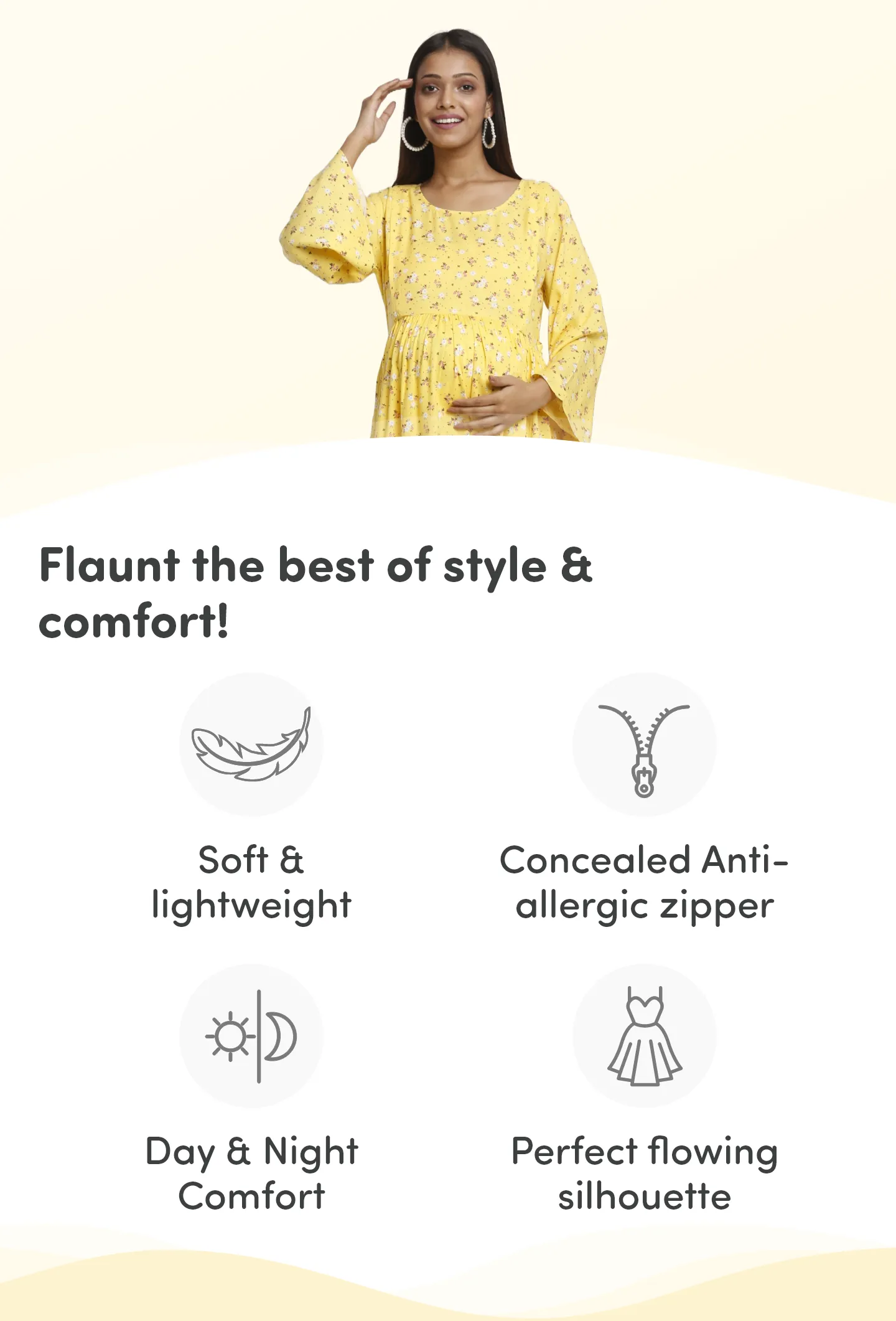 Pre & Post Maternity /Nursing Maxi Dress with both sides Zipper for Easy Feeding – Mustard Ditsy Daisy –M 