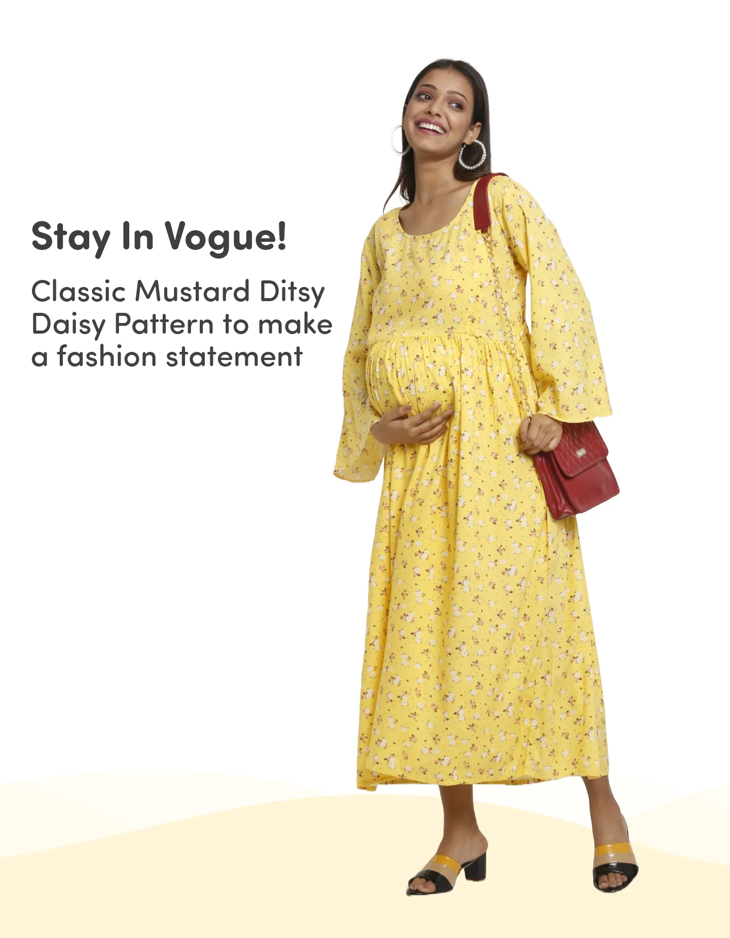 Pre & Post Maternity /Nursing Maxi Dress with both sides Zipper for Easy Feeding – Mustard Ditsy Daisy –M 