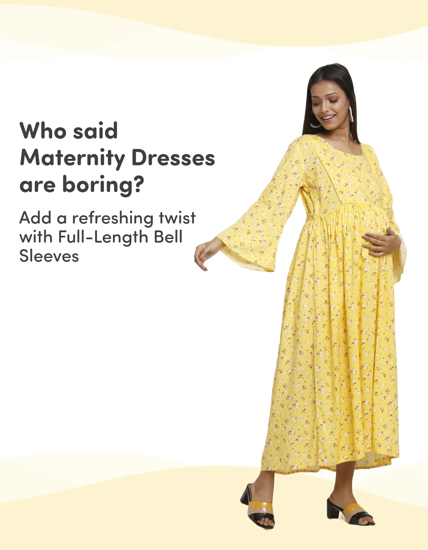 Pre & Post Maternity /Nursing Maxi Dress with both sides Zipper for Easy Feeding – Mustard Ditsy Daisy –M 