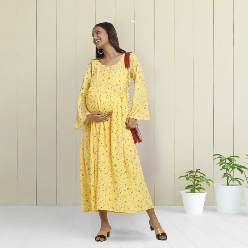 Maternity Dresses For Women with Both Side Zipper For Easy Feeding | Adjustable Belt for Growing Belly | Maxi Dress | Ditsy Daisy - Mustard | L