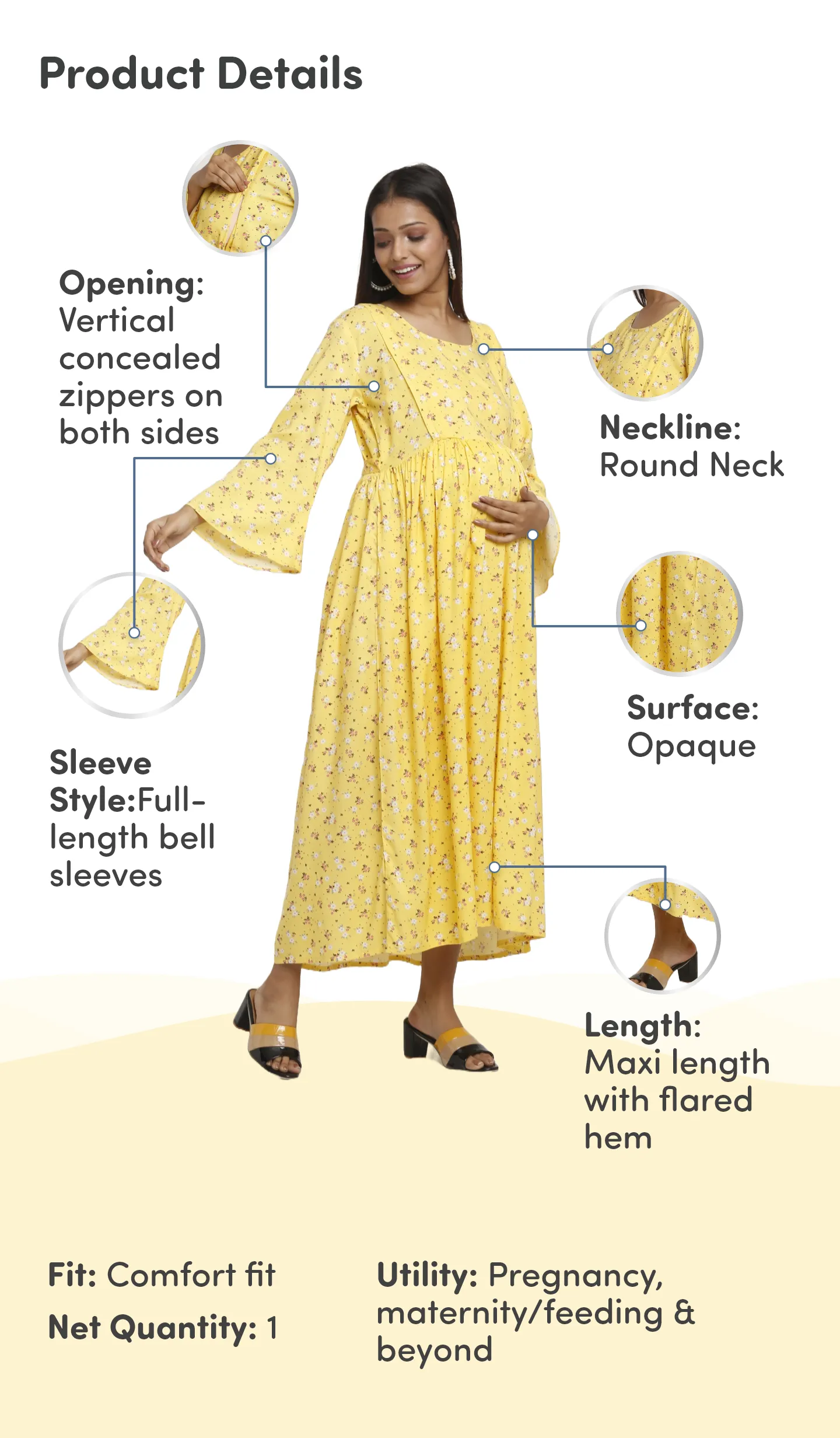 Pre & Post Maternity /Nursing Maxi Dress with both sides Zipper for Easy Feeding – Mustard Ditsy Daisy –XXL