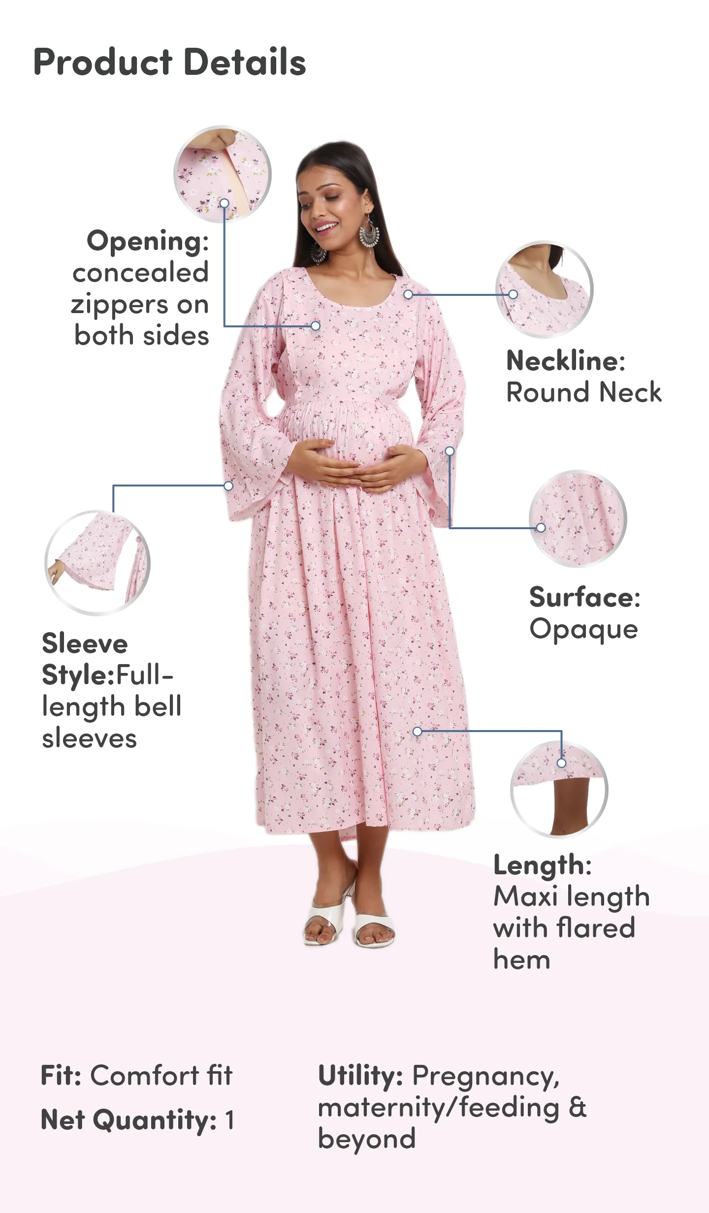 Pre & Post Maternity /Nursing Maxi Dress with both sides Zipper for Easy Feeding – Pink Ditsy Daisy –M 