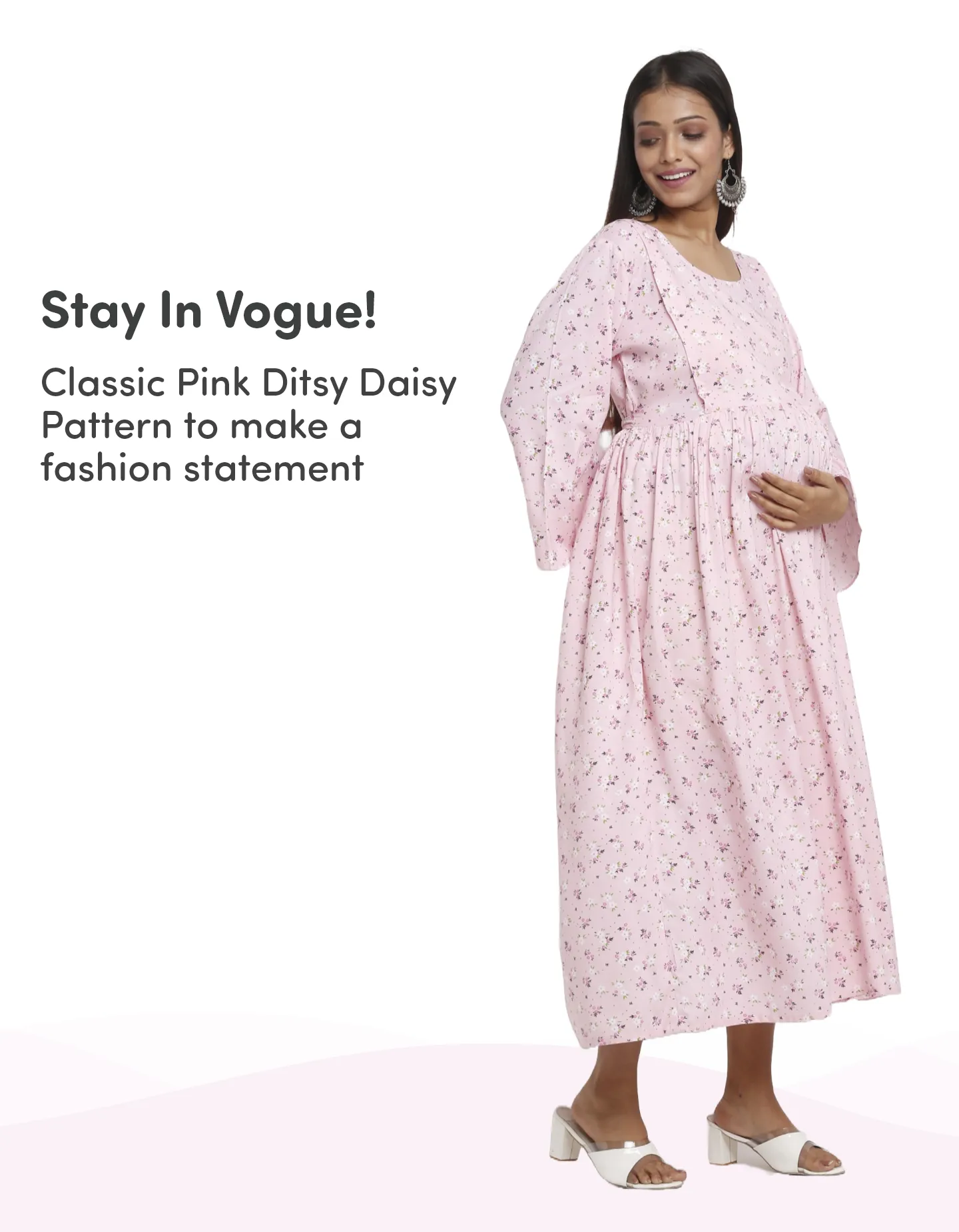 Pre & Post Maternity /Nursing Maxi Dress with both sides Zipper for Easy Feeding – Pink Ditsy Daisy –XXL