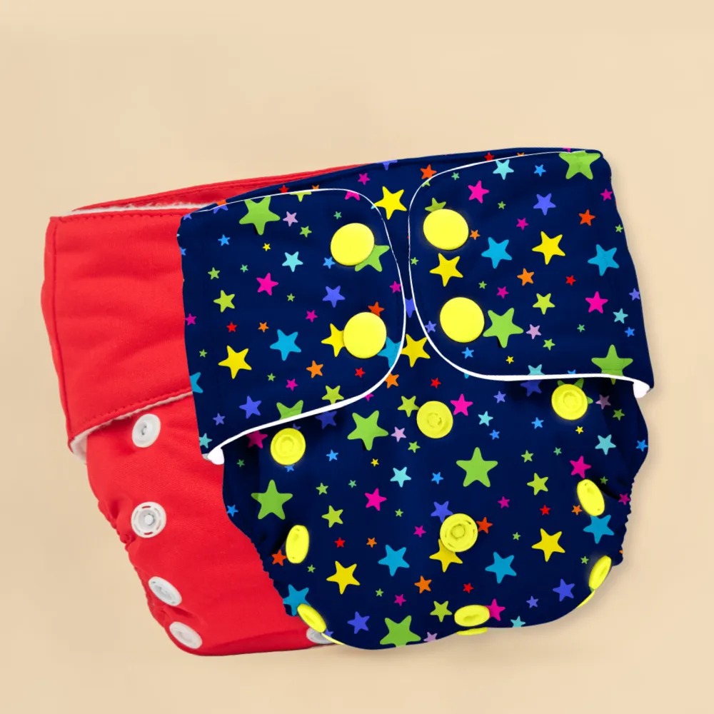 Free Size Washable & Reusable Cloth Diaper With 2 Dry Feel Absorbent Insert Pad ( 3 M - 3 Yrs) - Twinkle print -Red Solid