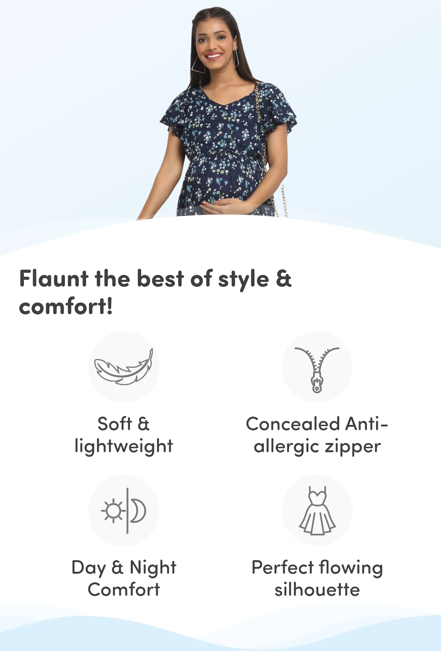 Pre & Post Maternity /Nursing Midi Dress with both sides Zipper for Easy Feeding – Floral - Navy–XXL