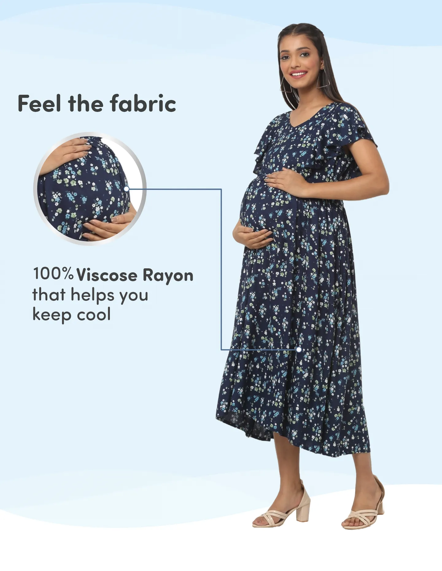 Pre & Post Maternity /Nursing Midi Dress with both sides Zipper for Easy Feeding – Floral - Navy–XXL