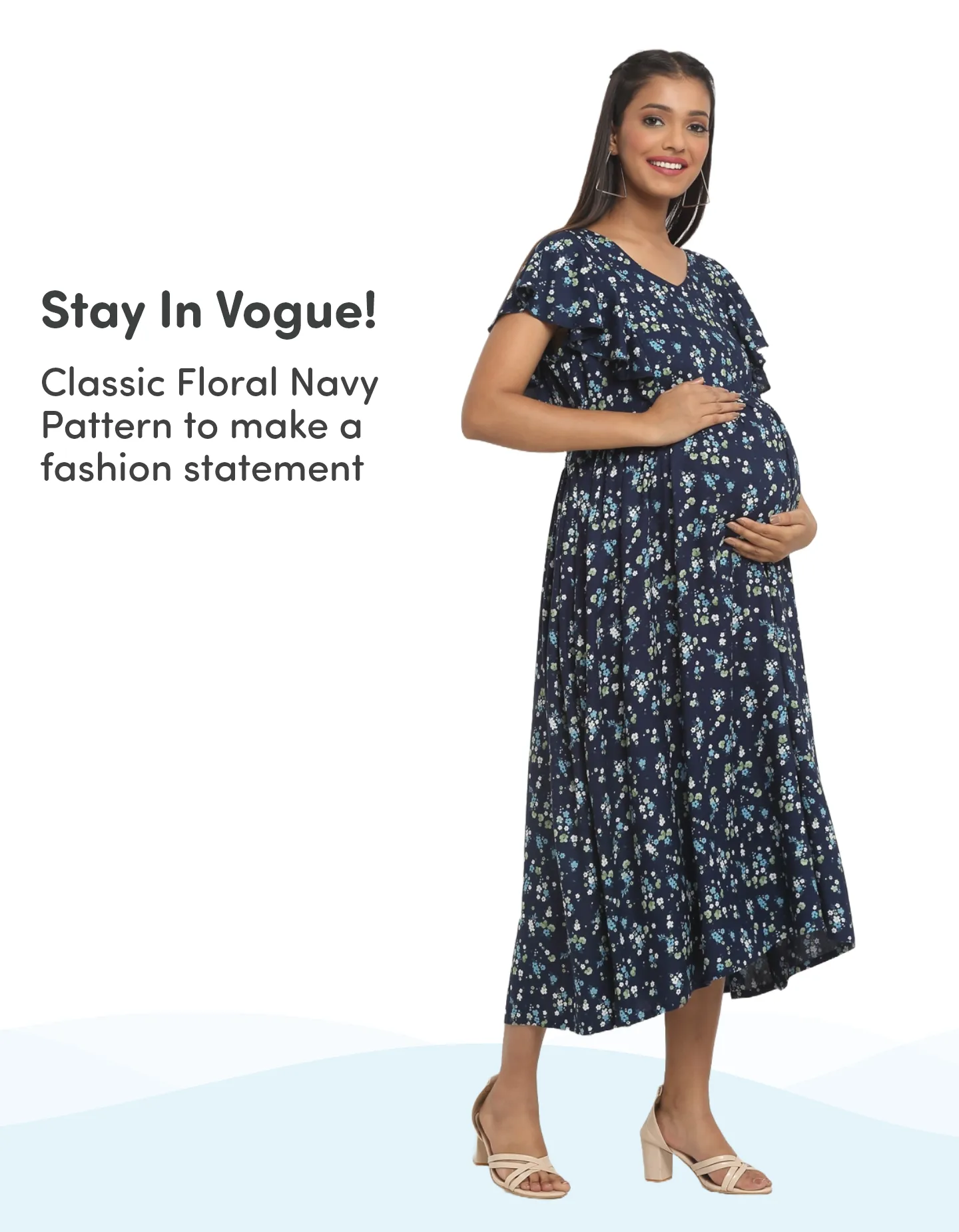 Pre & Post Maternity /Nursing Midi Dress with both sides Zipper for Easy Feeding – Floral - Navy–XXL