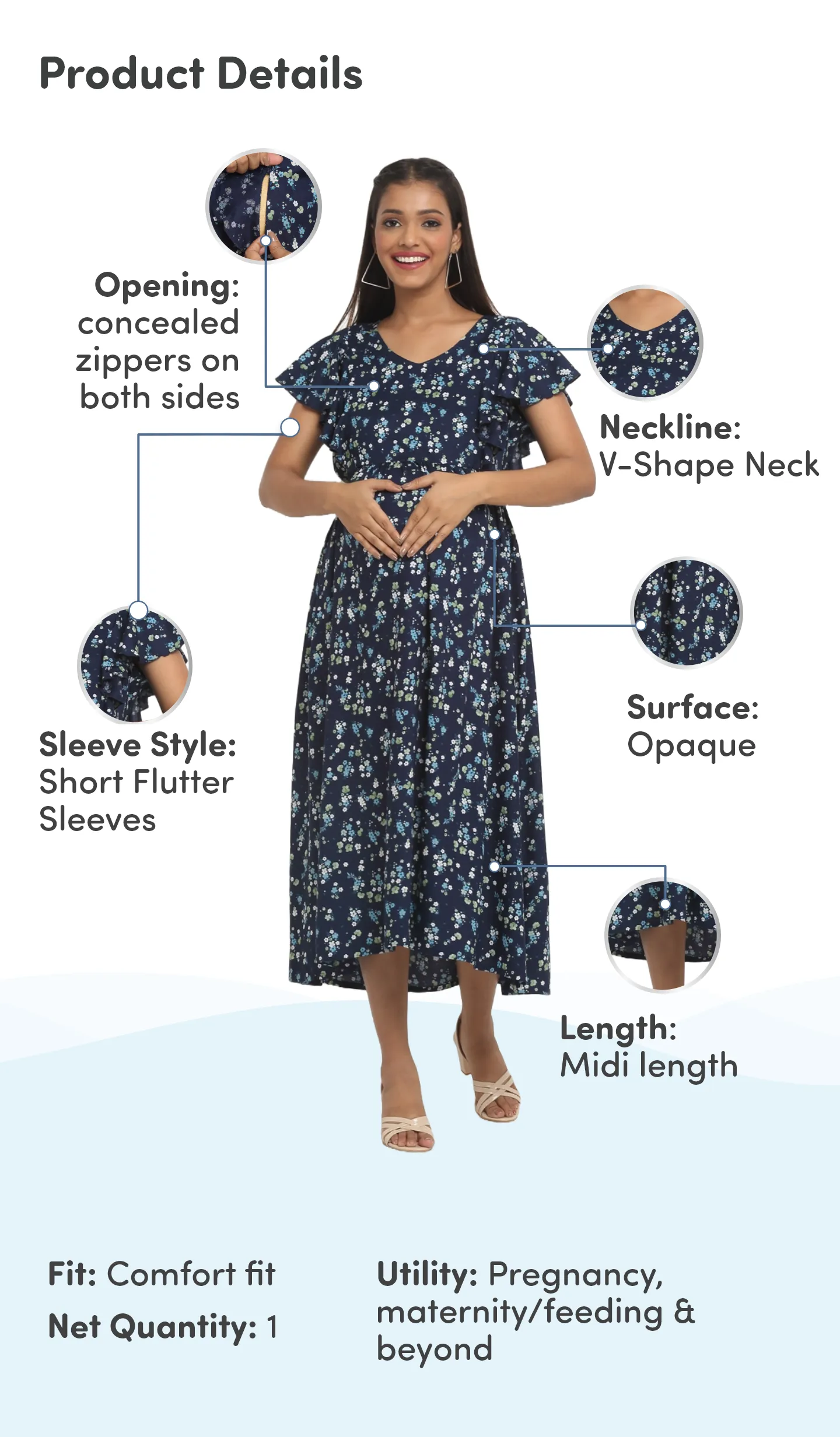 Pre & Post Maternity /Nursing Midi Dress with both sides Zipper for Easy Feeding – Floral - Navy–XXL