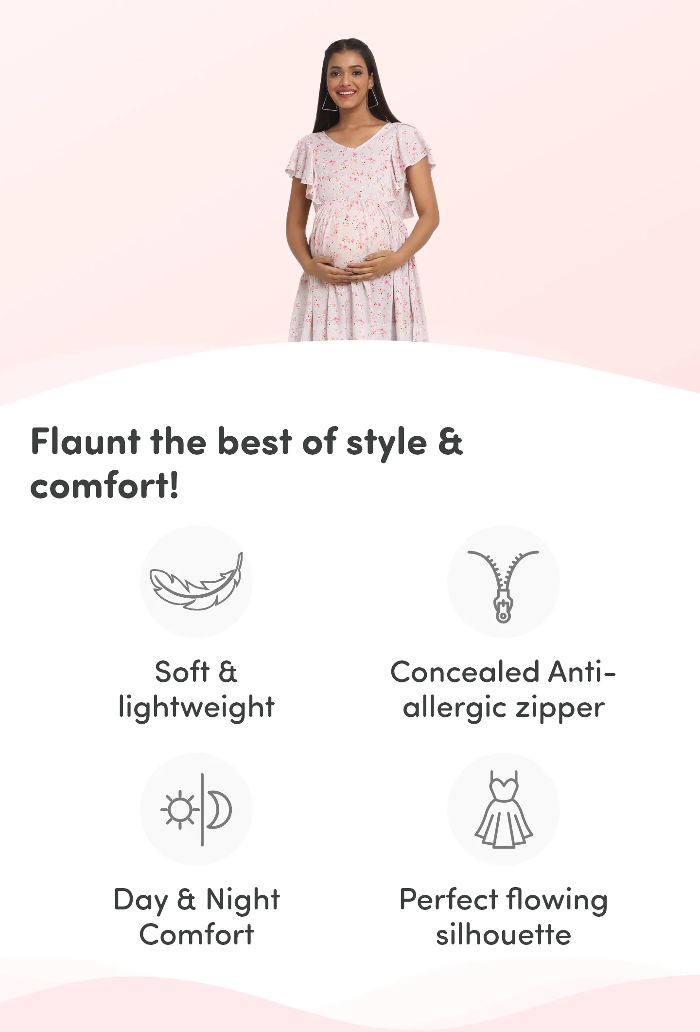 Pre & Post Maternity /Nursing Midi Dress with both sides Zipper for Easy Feeding – Floral - Grey–M 