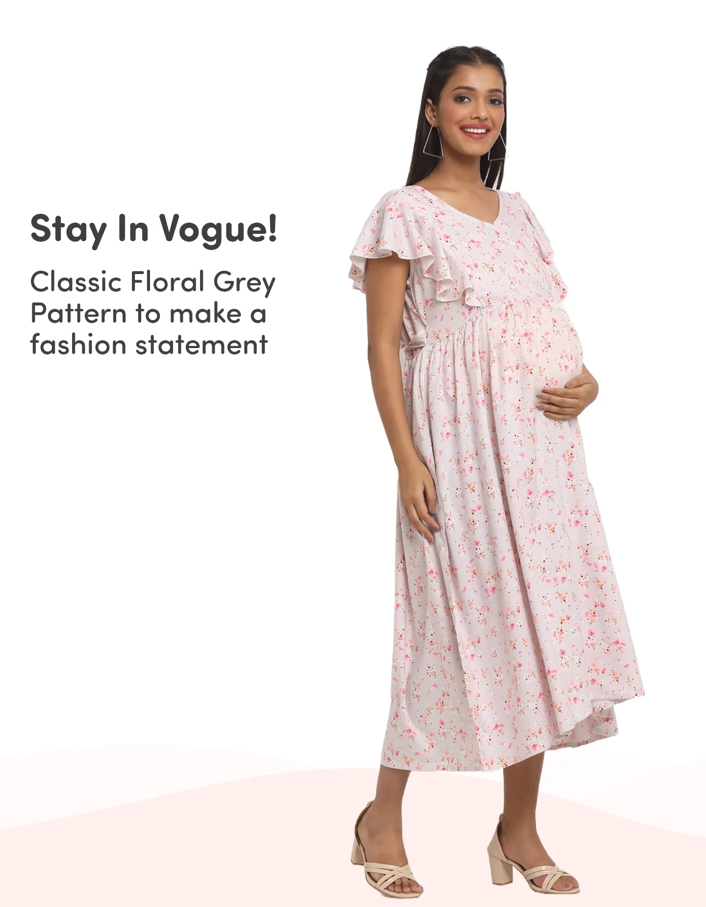 Pre & Post Maternity /Nursing Midi Dress with both sides Zipper for Easy Feeding – Floral - Grey–XXL