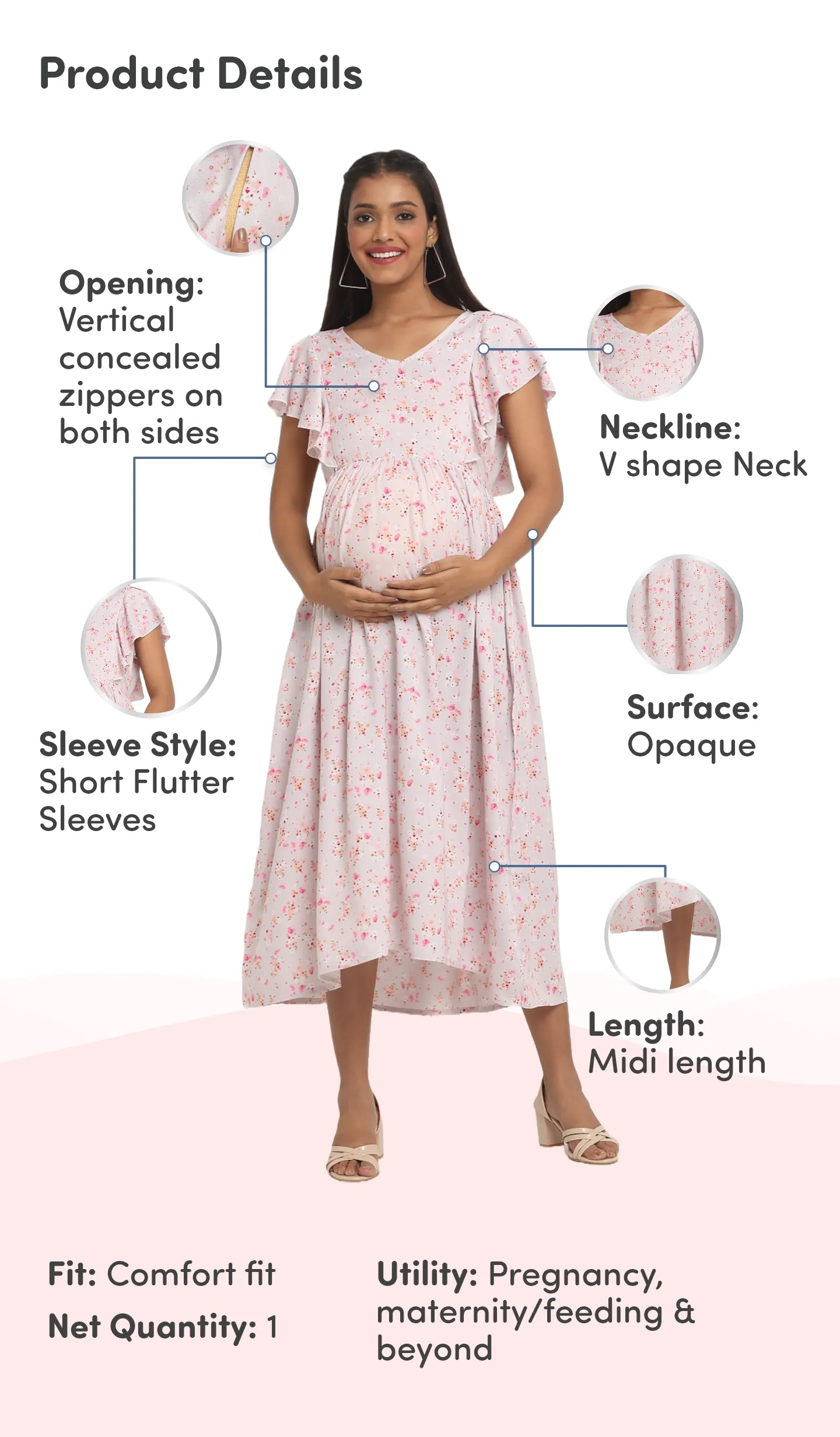 Pre & Post Maternity /Nursing Midi Dress with both sides Zipper for Easy Feeding – Floral - Grey–XXL