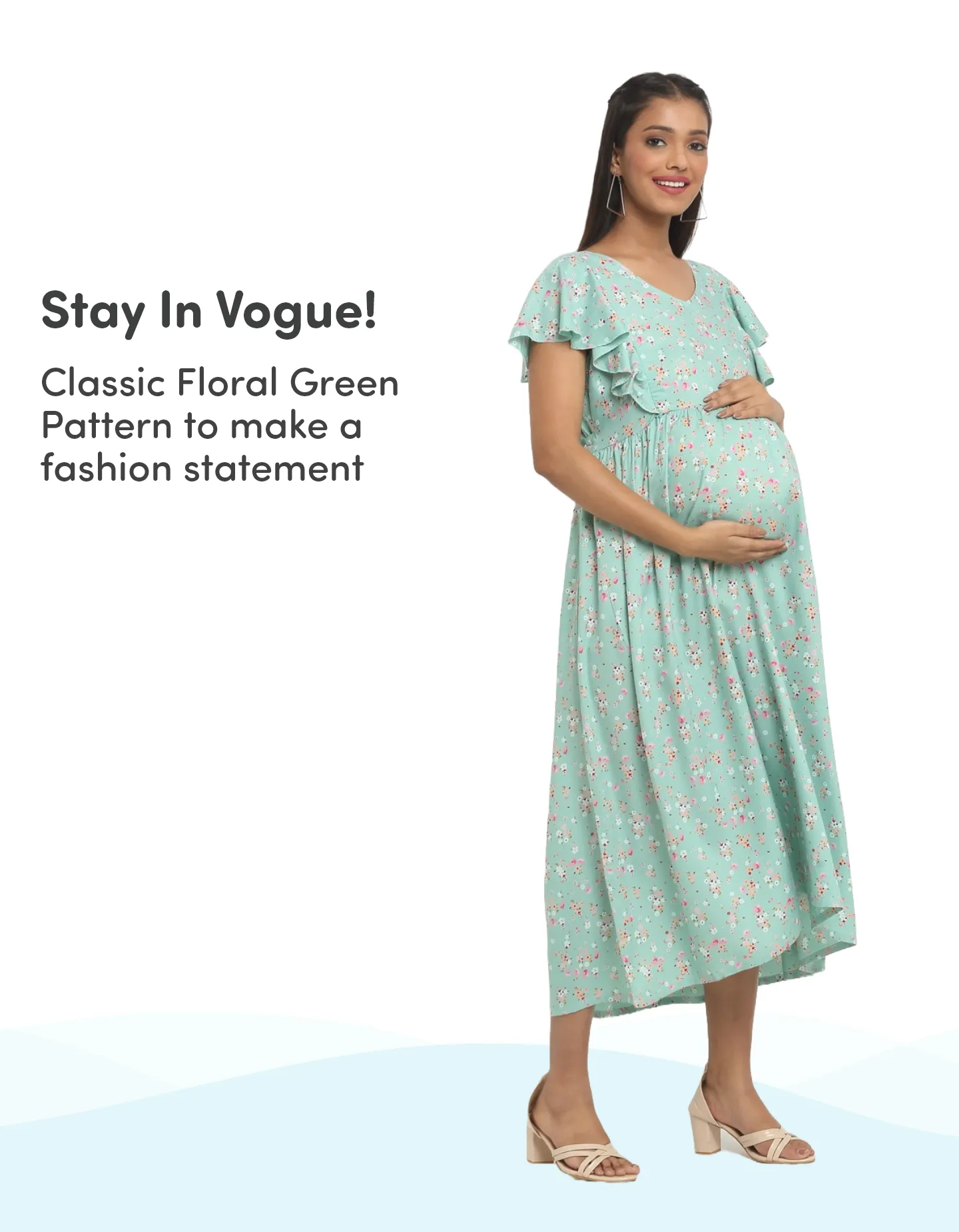 Pre & Post Maternity /Nursing Midi Dress with both sides Zipper for Easy Feeding – Floral - Green–XL