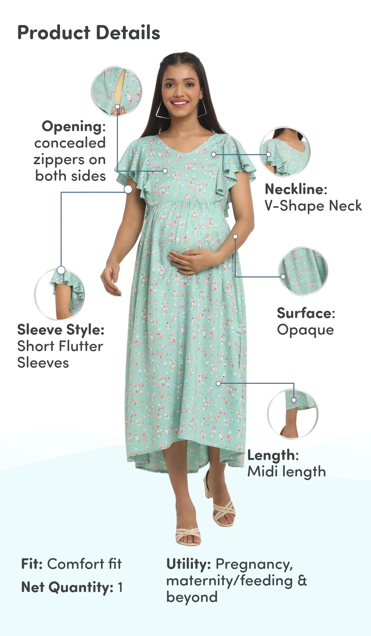 Pre & Post Maternity /Nursing Midi Dress with both sides Zipper for Easy Feeding – Floral - Green–XL