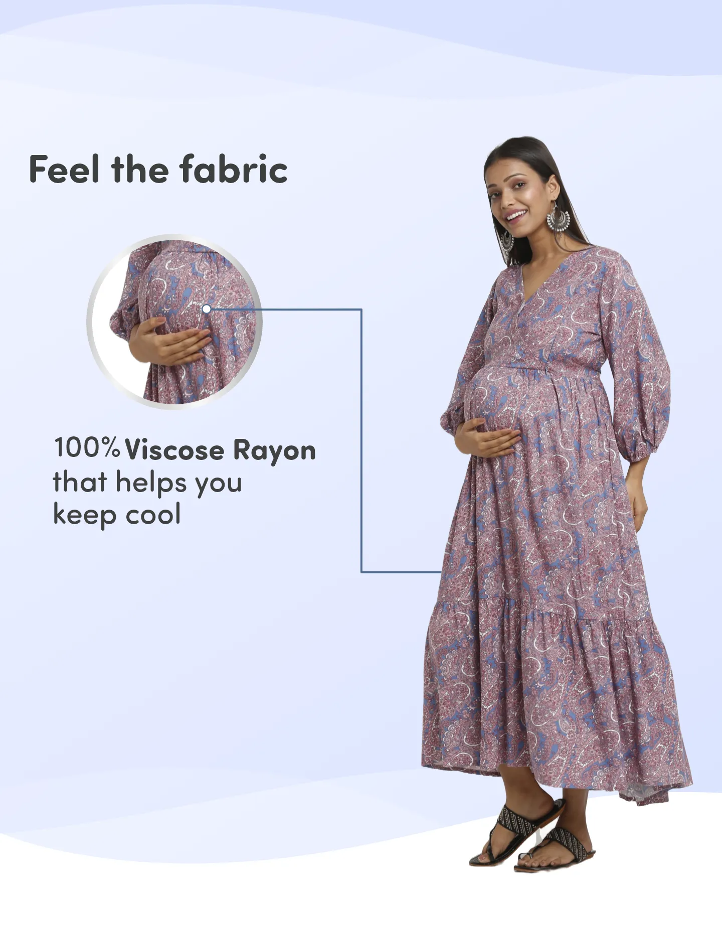 Pre & Post Maternity /Nursing Maxi Dress with both sides Zipper for Easy Feeding – Persian Paisley Blue–L
