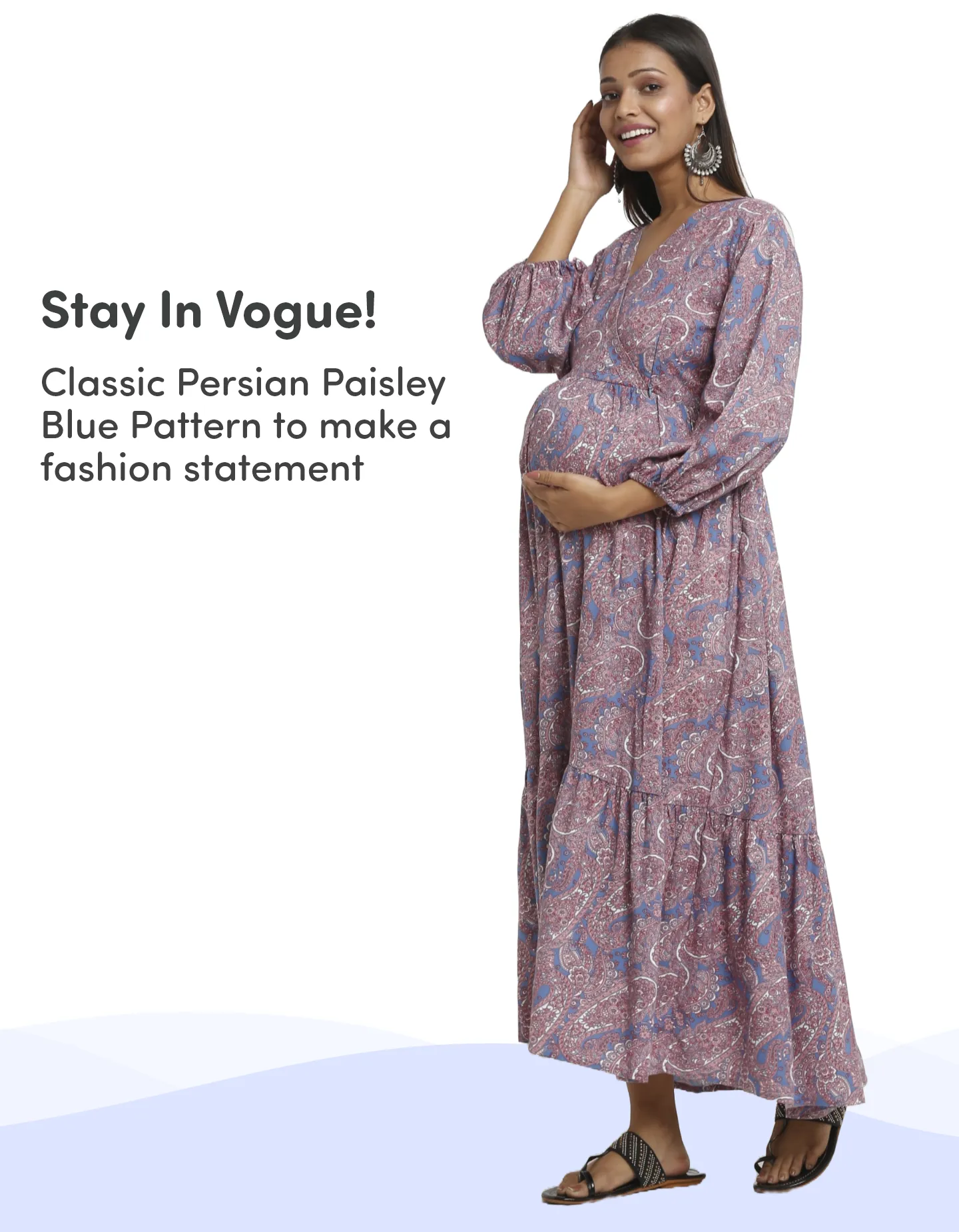 Pre & Post Maternity /Nursing Maxi Dress with both sides Zipper for Easy Feeding – Persian Paisley Blue–L