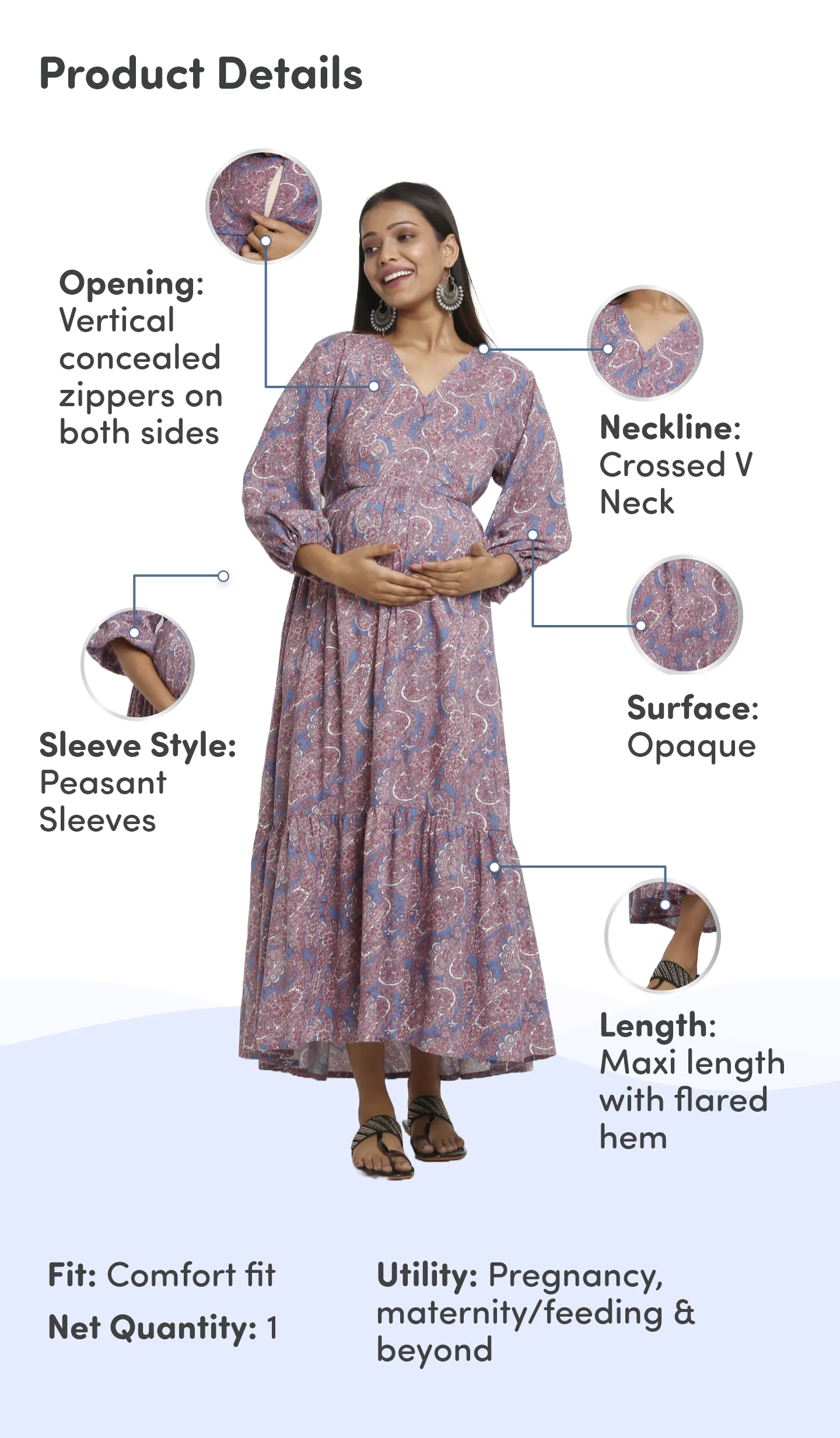 Pre & Post Maternity /Nursing Maxi Dress with both sides Zipper for Easy Feeding – Persian Paisley Blue–L