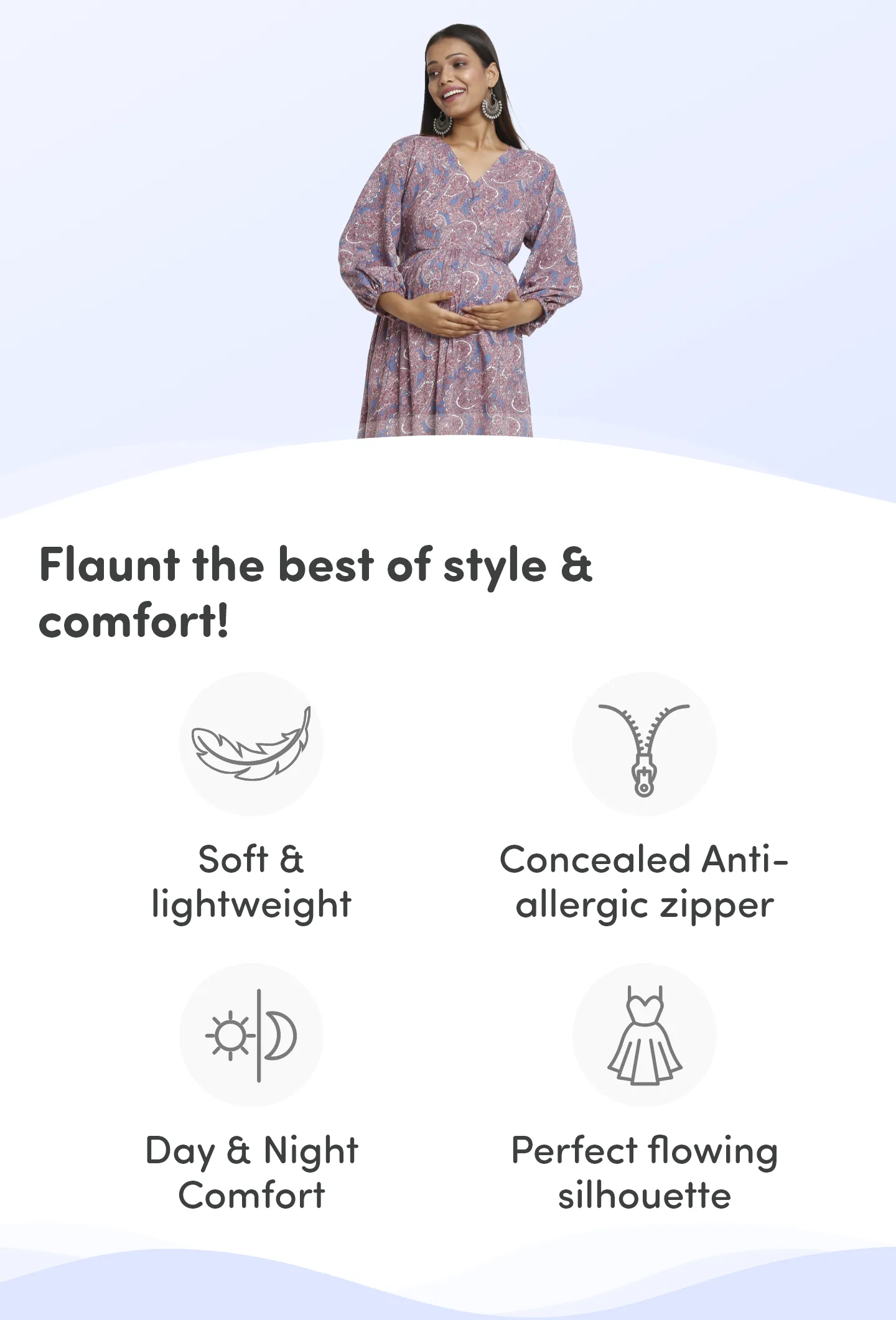 Pre & Post Maternity /Nursing Maxi Dress with both sides Zipper for Easy Feeding – Persian Paisley Blue–L