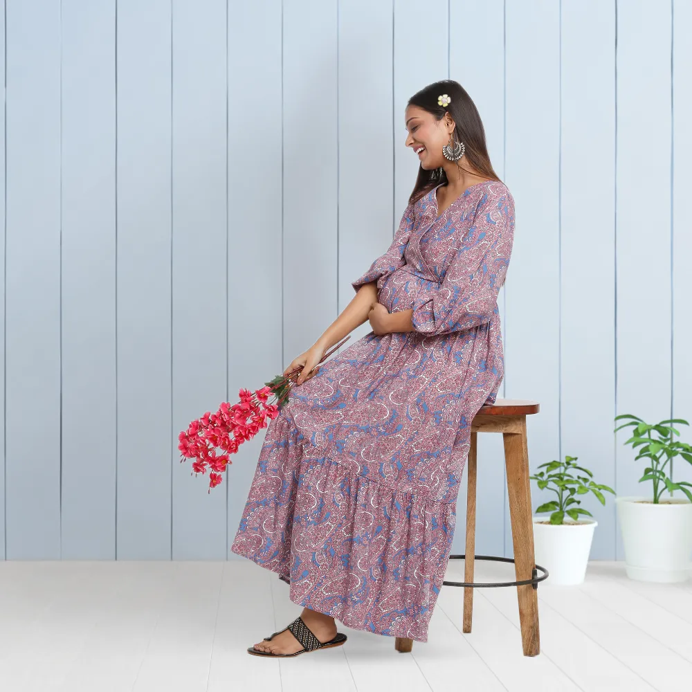 Maternity Dresses For Women with Both Side Zipper For Easy Feeding | Adjustable Belt for Growing Belly | Maxi Dress | Persian Paisley - Blue | L