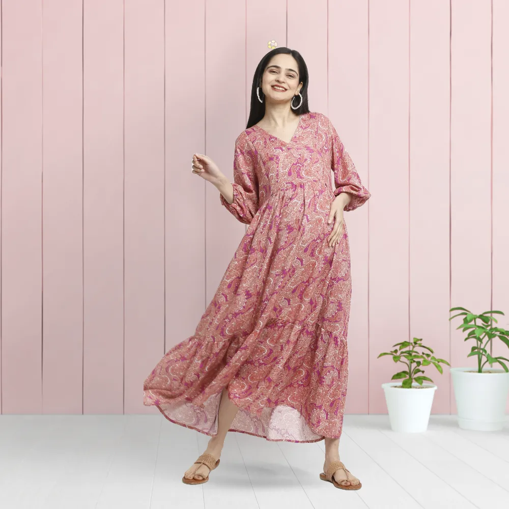 Maternity Dresses For Women with Both Side Zipper For Easy Feeding | Adjustable Belt for Growing Belly | Maxi Dress | Persian Paisley - Pink | M