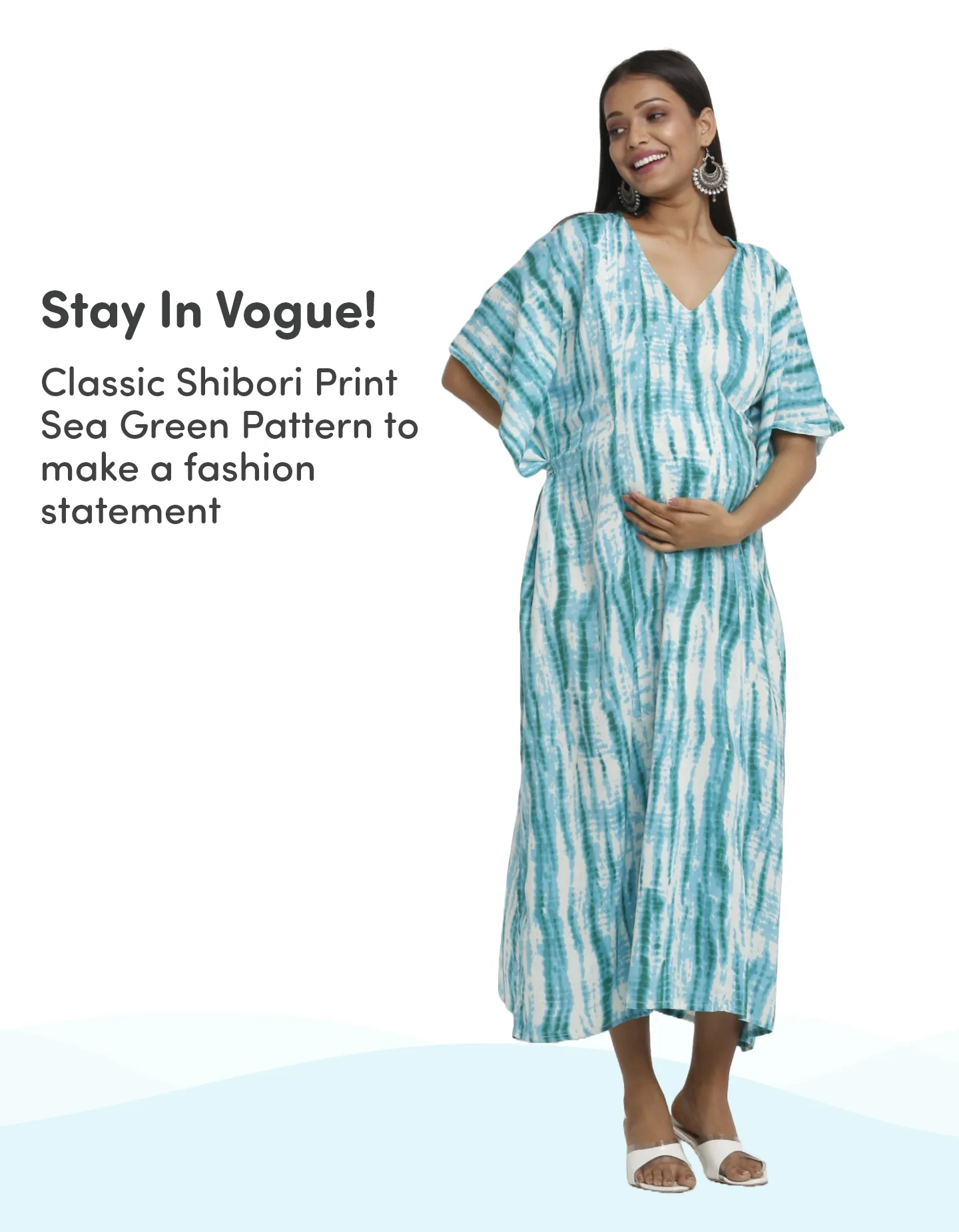 Pre & Post Maternity /Nursing Kaftan Maxi Dress cum Nighty with Zipper for Easy Feeding – Shibori Print -Sea Green - L