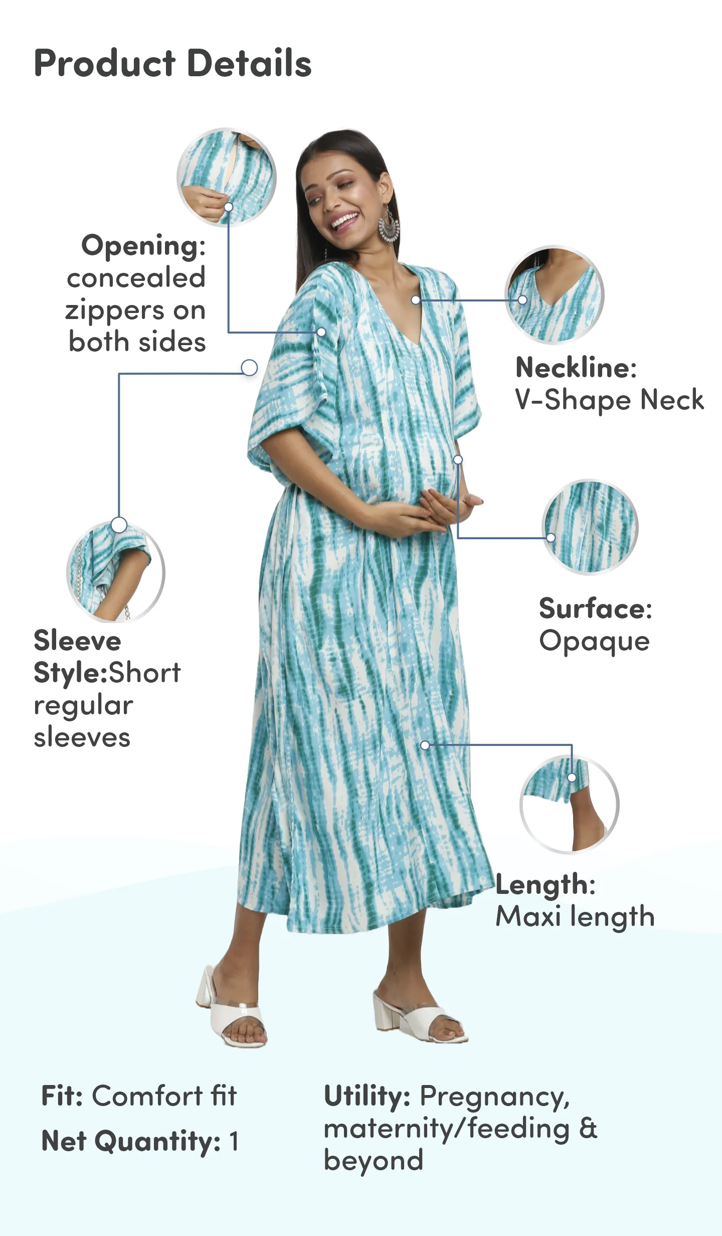 Pre & Post Maternity /Nursing Kaftan Maxi Dress cum Nighty with Zipper for Easy Feeding – Shibori Print -Sea Green - L