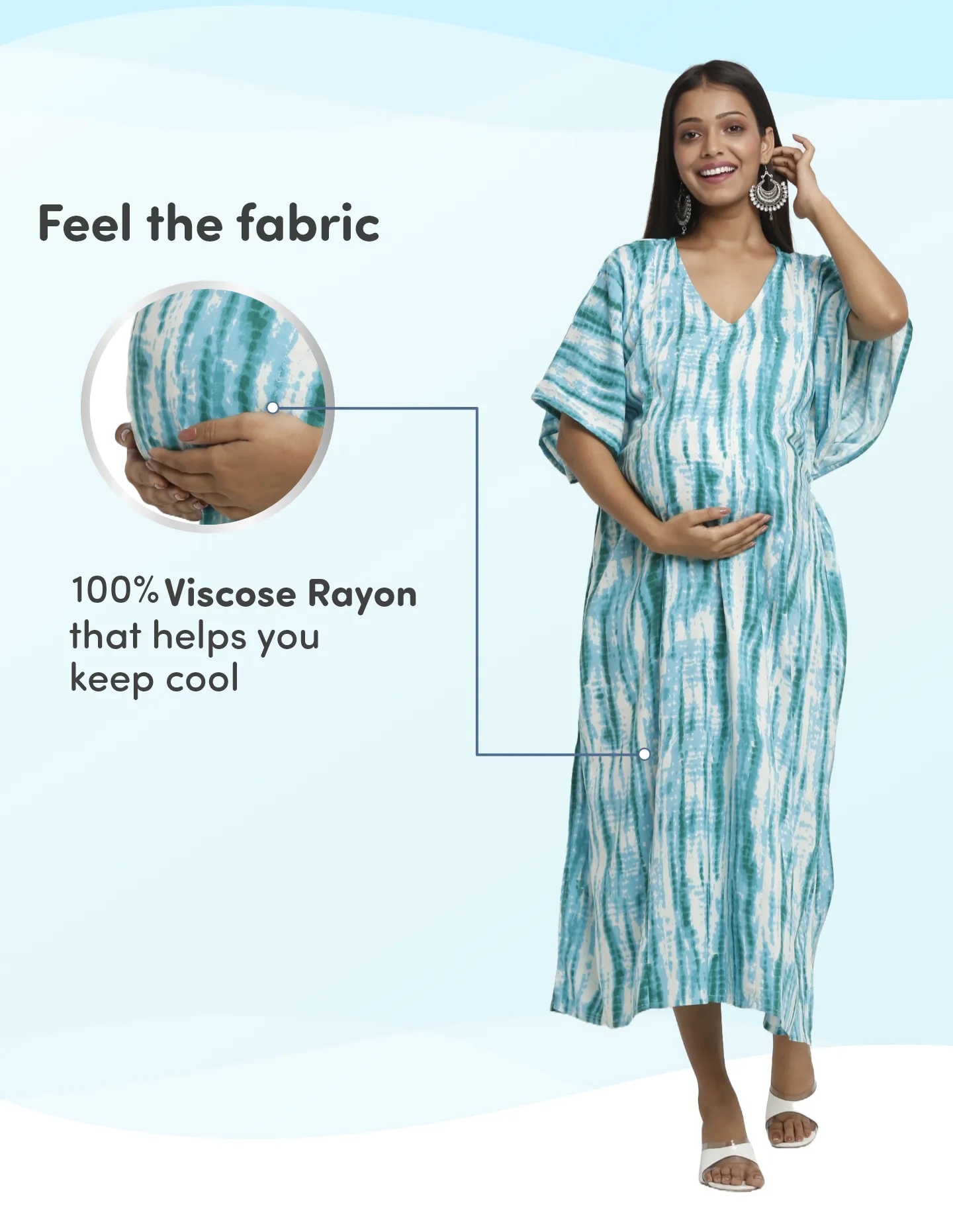 Pre & Post Maternity /Nursing Kaftan Maxi Dress cum Nighty with Zipper for Easy Feeding – Shibori Print -Sea Green - XL