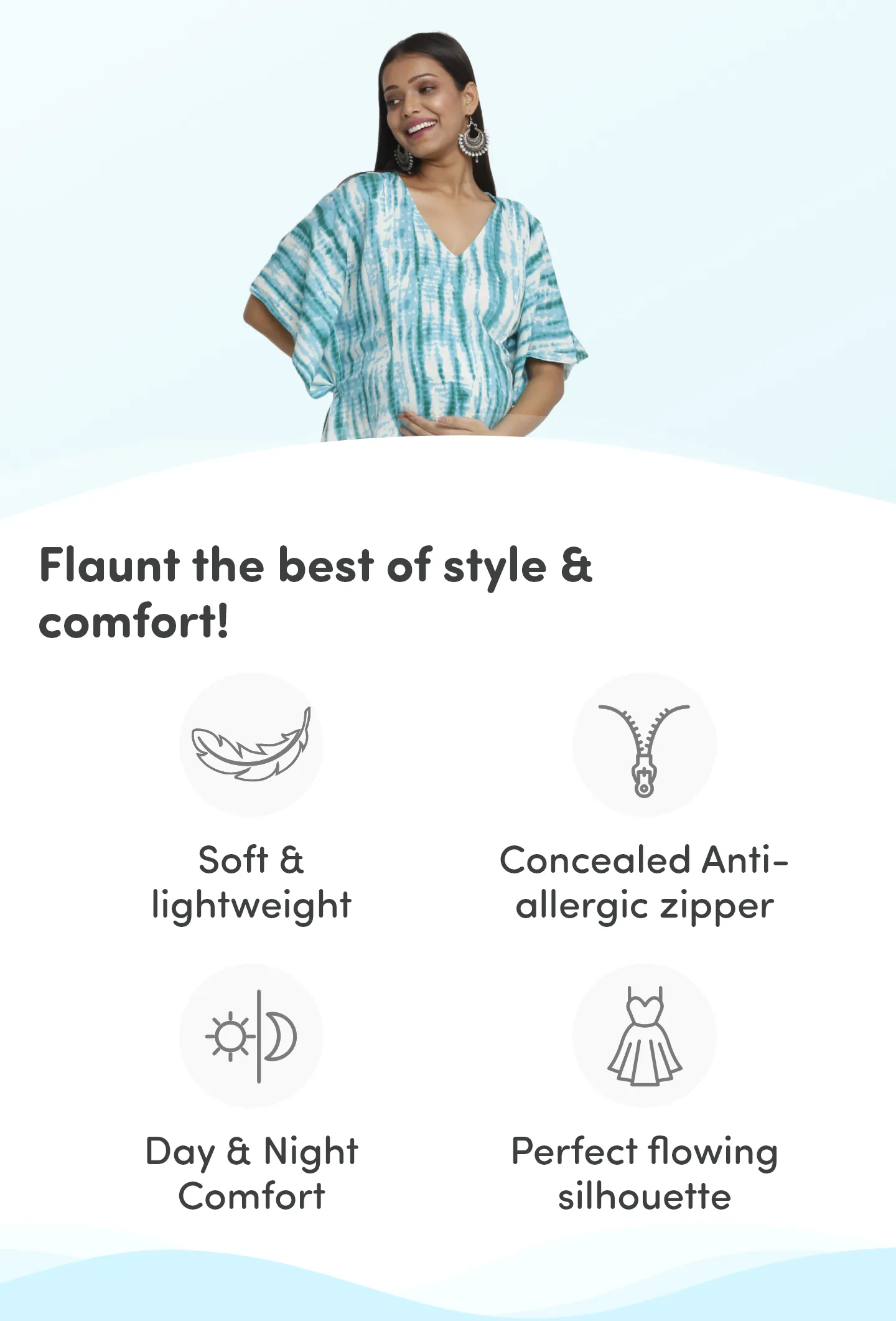 Pre & Post Maternity /Nursing Kaftan Maxi Dress cum Nighty with Zipper for Easy Feeding – Shibori Print -Sea Green - XXL