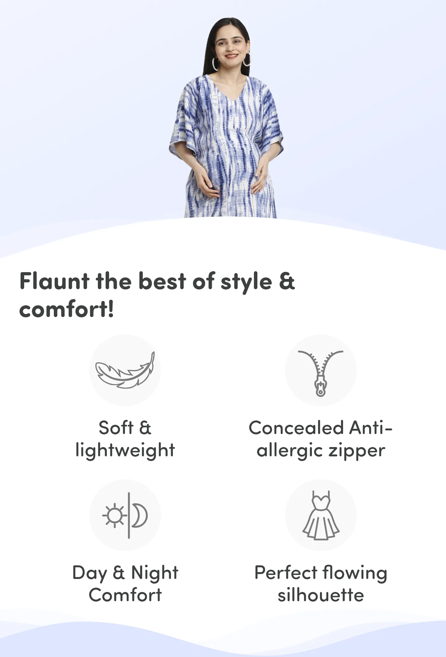 Pre & Post Maternity /Nursing Kaftan Maxi Dress cum Nighty with Zipper for Easy Feeding – Shibori Print -Navy - M