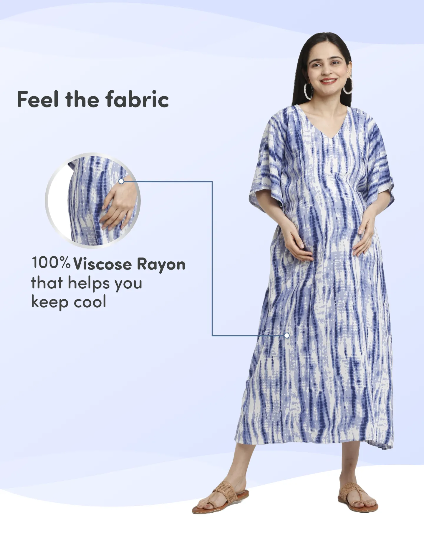 Pre & Post Maternity /Nursing Kaftan Maxi Dress cum Nighty with Zipper for Easy Feeding – Shibori Print -Navy - L