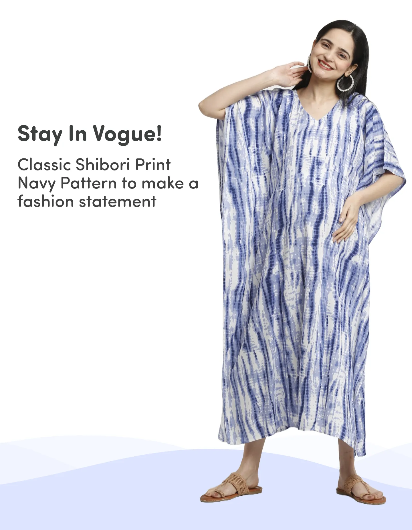 Pre & Post Maternity /Nursing Kaftan Maxi Dress cum Nighty with Zipper for Easy Feeding – Shibori Print -Navy - L