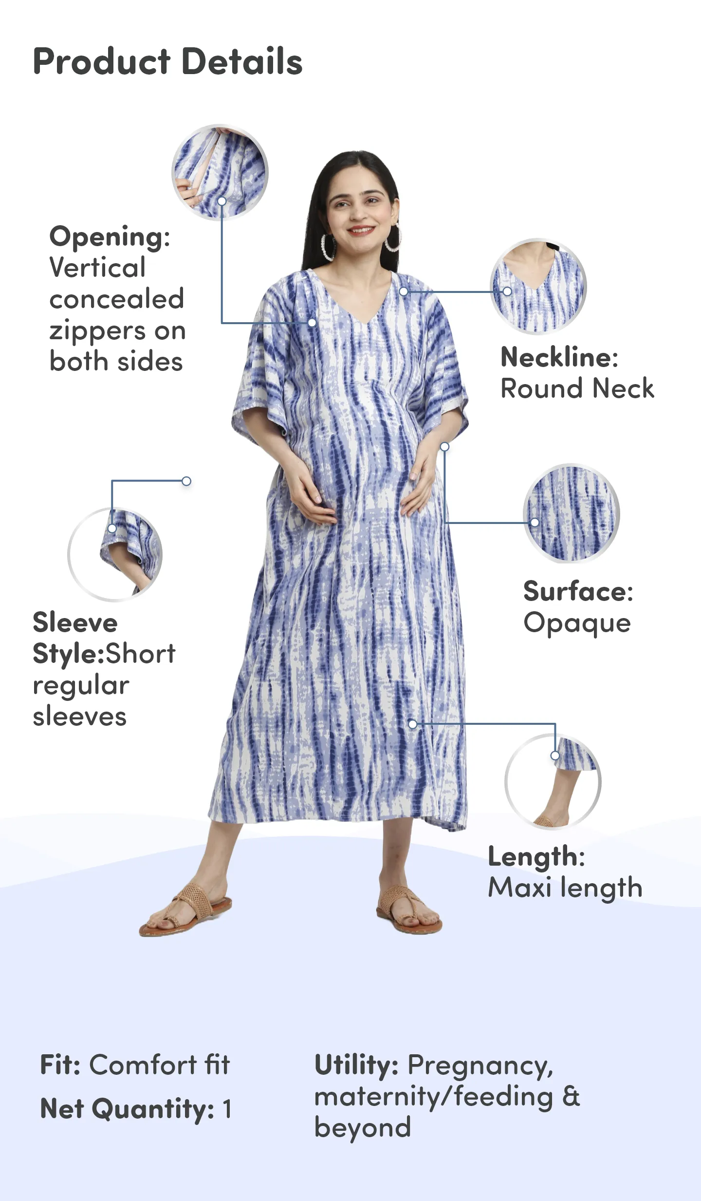 Pre & Post Maternity /Nursing Kaftan Maxi Dress cum Nighty with Zipper for Easy Feeding – Shibori Print -Navy - L