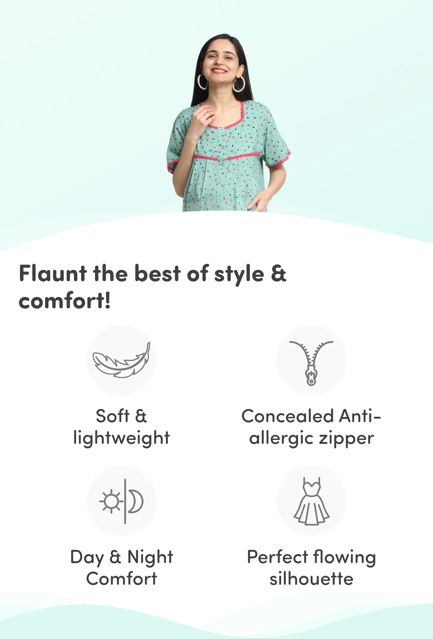 Pre & Post Maternity Maxi Length Nighty with Zipper at both sides for Easy Feeding - Little Hearts - Sea Green - XL