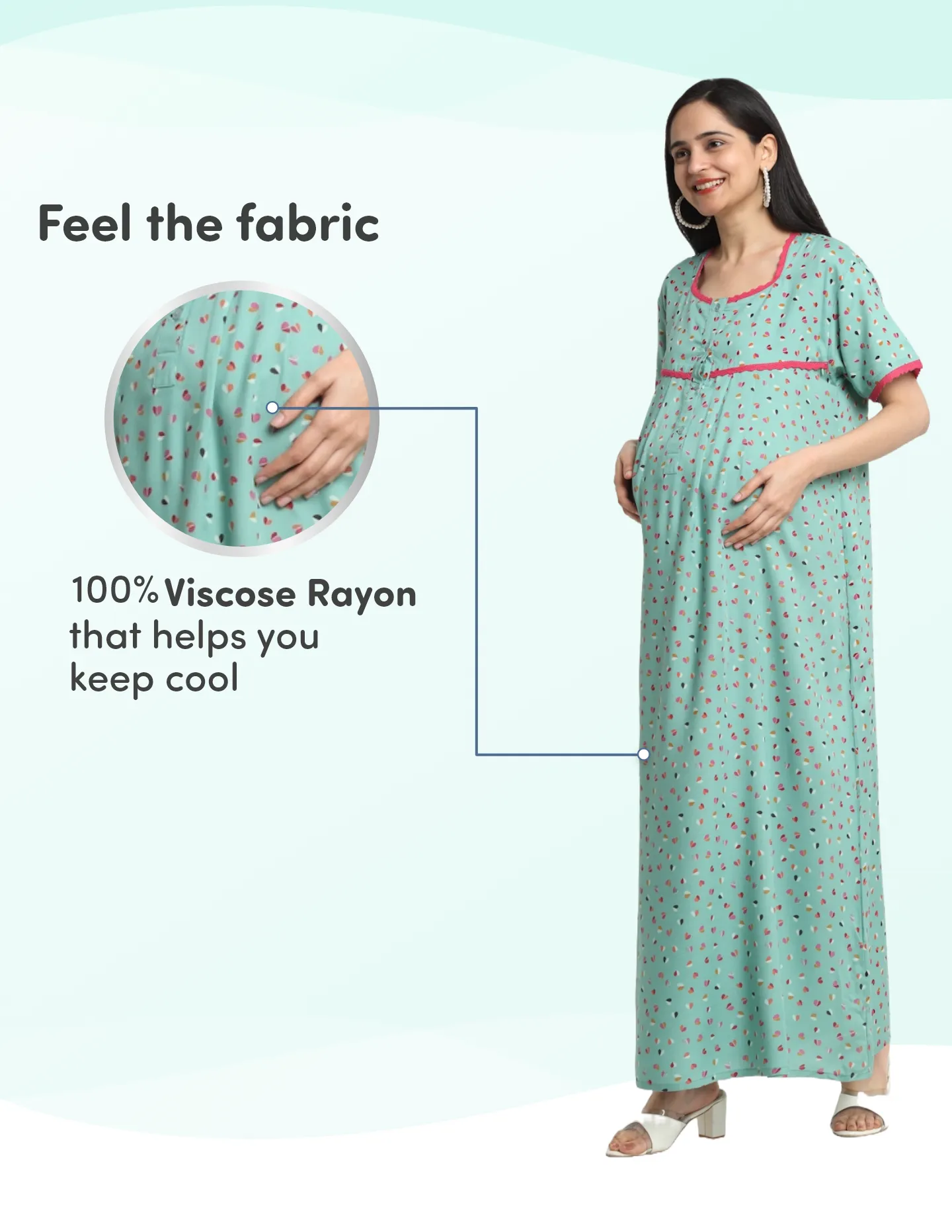 Pre & Post Maternity Maxi Length Nighty with Zipper at both sides for Easy Feeding - Little Hearts - Sea Green - XL