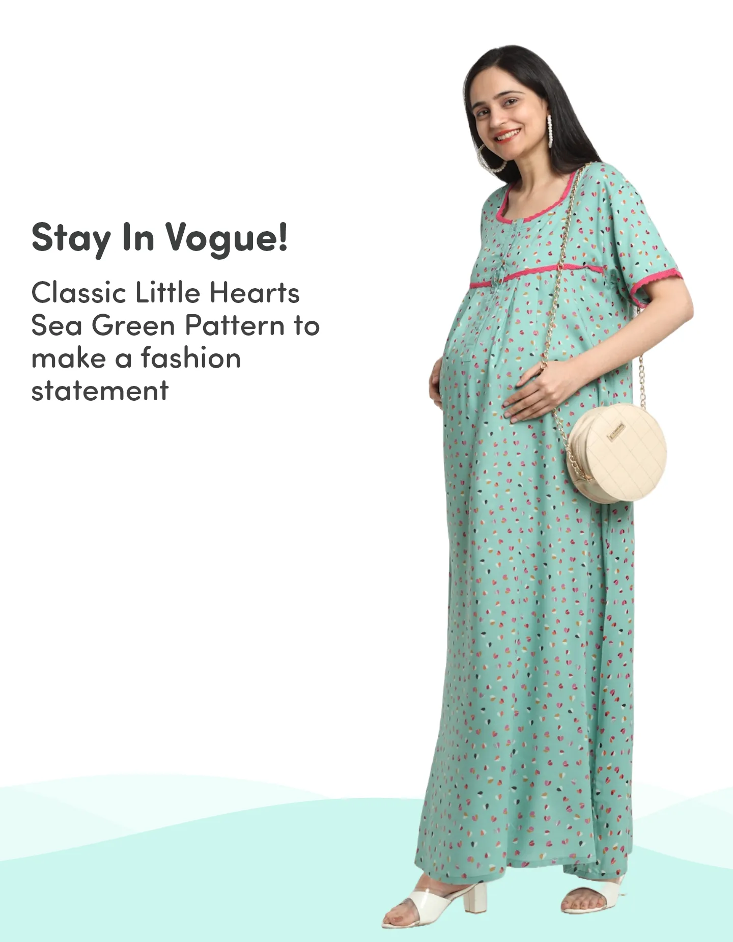 Pre & Post Maternity Maxi Length Nighty with Zipper at both sides for Easy Feeding - Little Hearts - Sea Green - XL