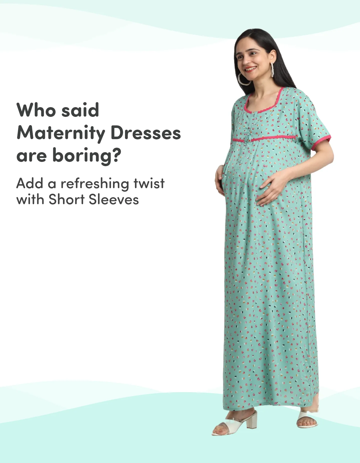 Pre & Post Maternity Maxi Length Nighty with Zipper at both sides for Easy Feeding - Little Hearts - Sea Green - XXL