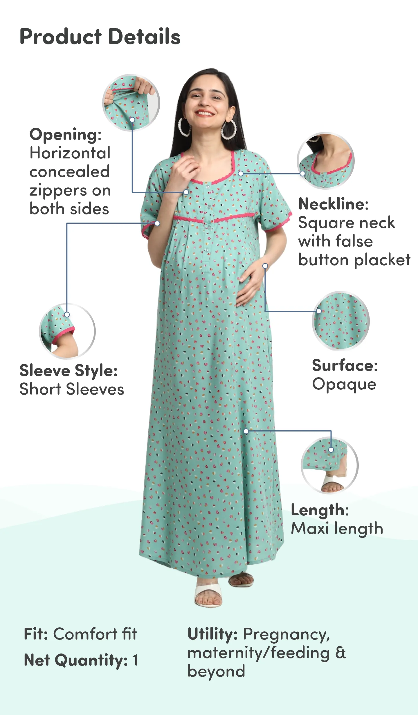 Pre & Post Maternity Maxi Length Nighty with Zipper at both sides for Easy Feeding - Little Hearts - Sea Green - XXL
