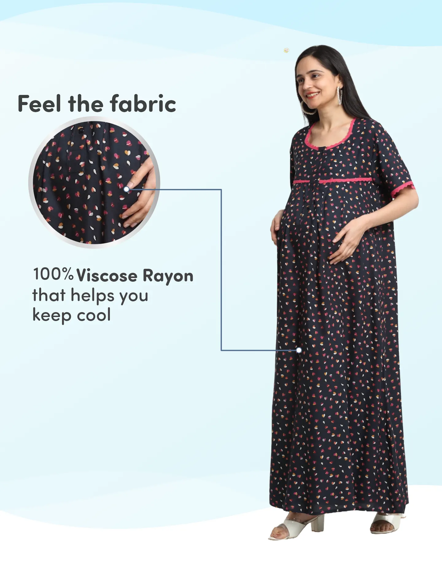 Pre & Post Maternity Maxi Length Nighty with Zipper at both sides for Easy Feeding - Little Hearts - Navy - M