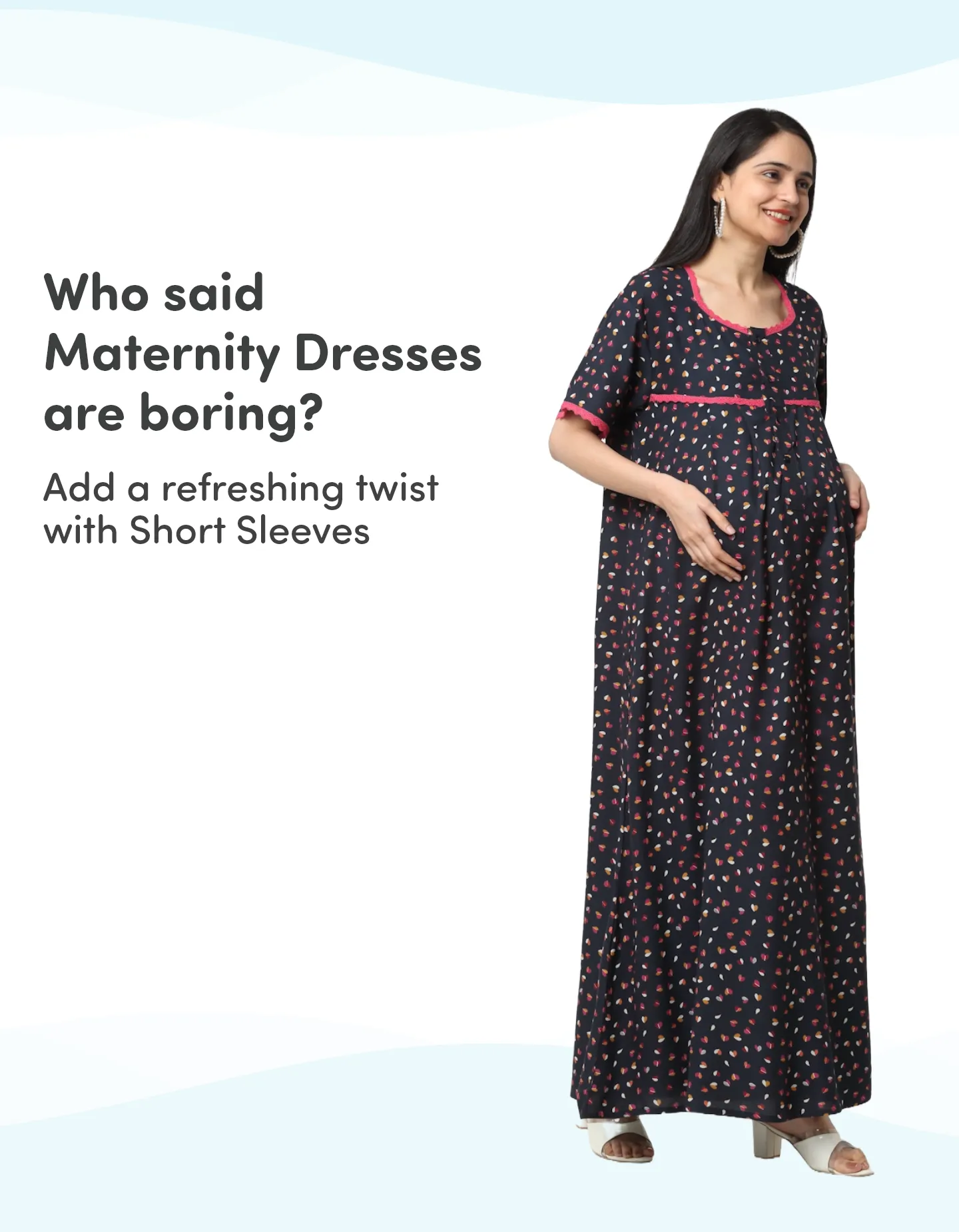 Pre & Post Maternity Maxi Length Nighty with Zipper at both sides for Easy Feeding - Little Hearts - Navy - M