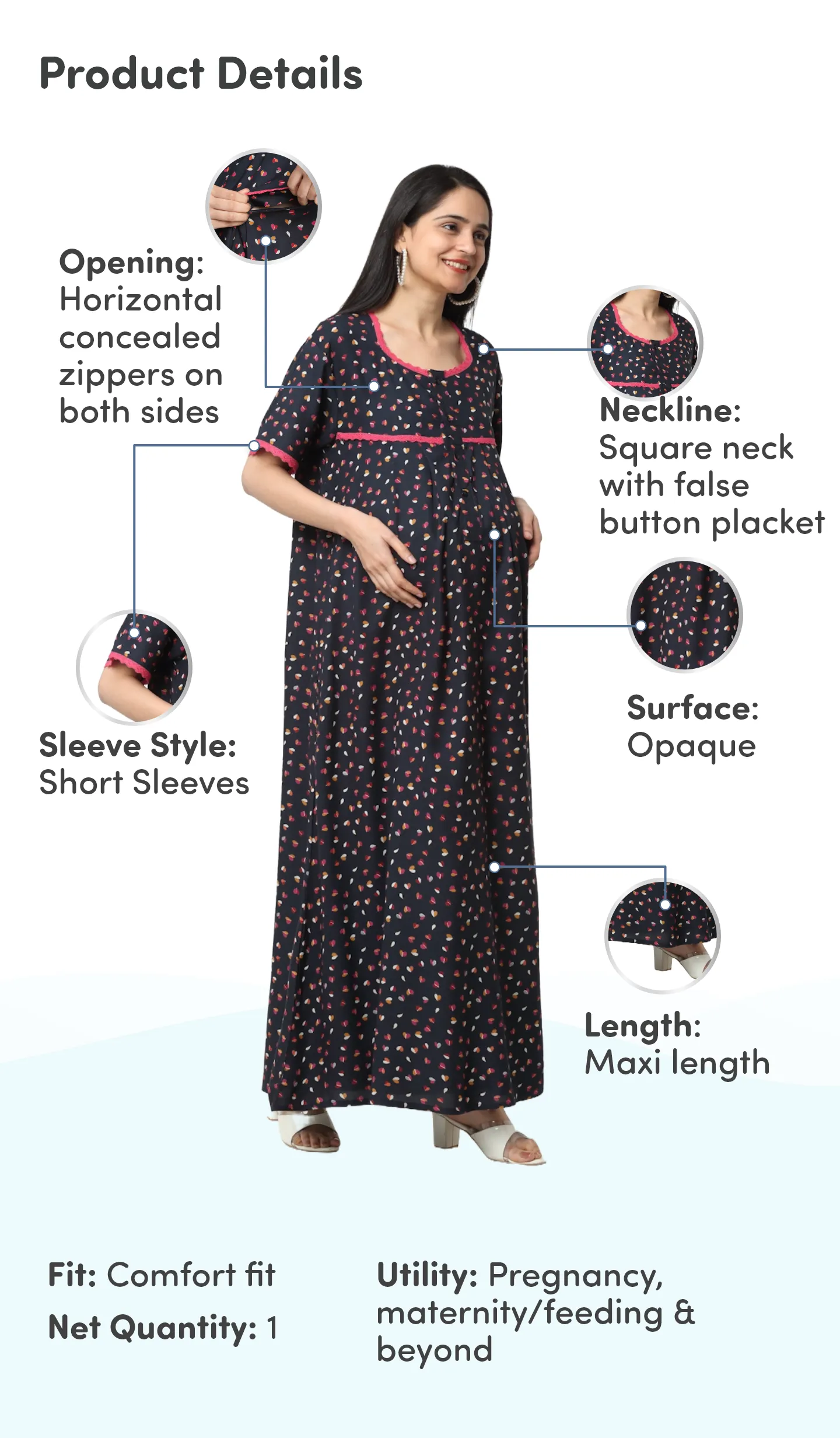 Pre & Post Maternity Maxi Length Nighty with Zipper at both sides for Easy Feeding - Little Hearts - Navy - M