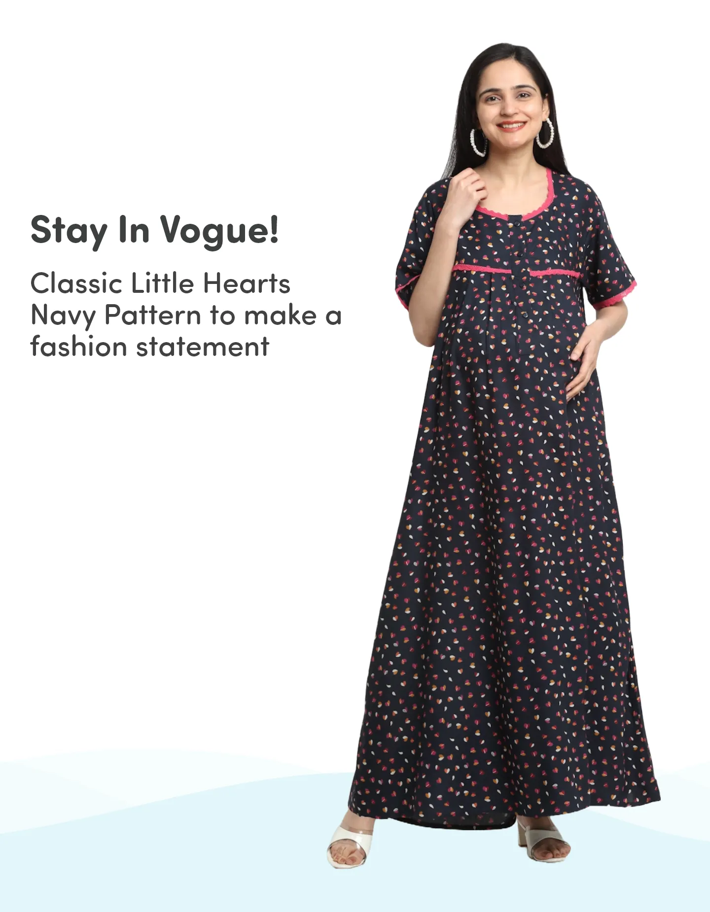 Pre & Post Maternity/Nursing Full Length Nighty with both sides Zipper for Easy Feeding - Little Hearts - Navy - XL