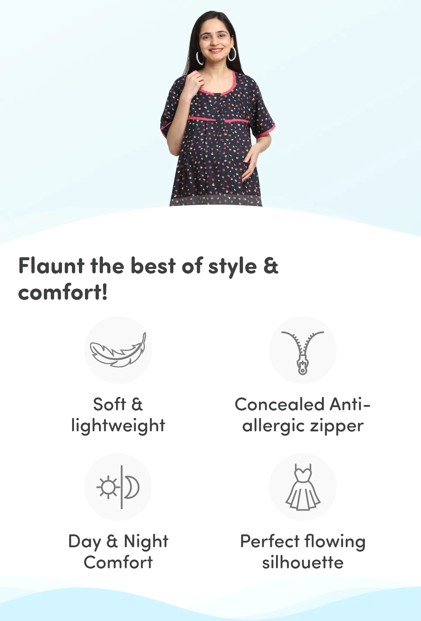 Pre & Post Maternity/Nursing Full Length Nighty with both sides Zipper for Easy Feeding - Little Hearts - Navy - XL