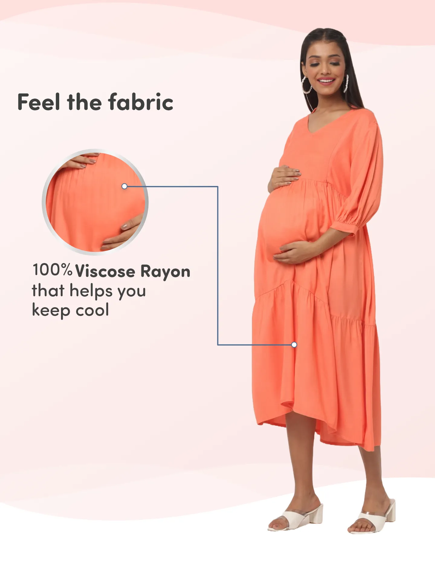 Pre & Post Maternity /Nursing Ruffle collared Solid Midi Dress with both sides Zipper for Easy Feeding – Solid - Peach-M